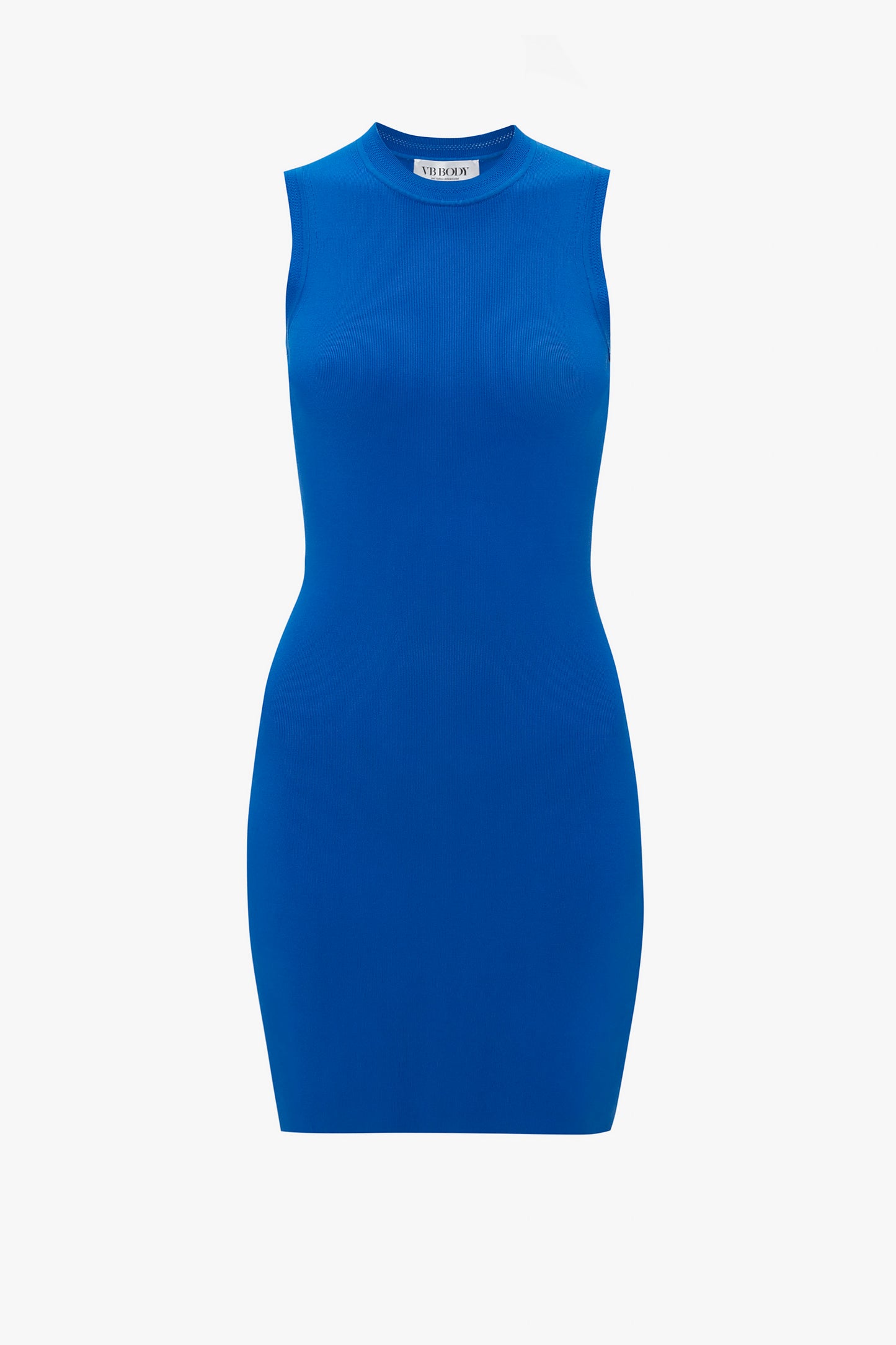 The VB Body Mini Dress in Cobalt by Victoria Beckham is a sleeveless, form-fitting, blue dress with a high neckline.