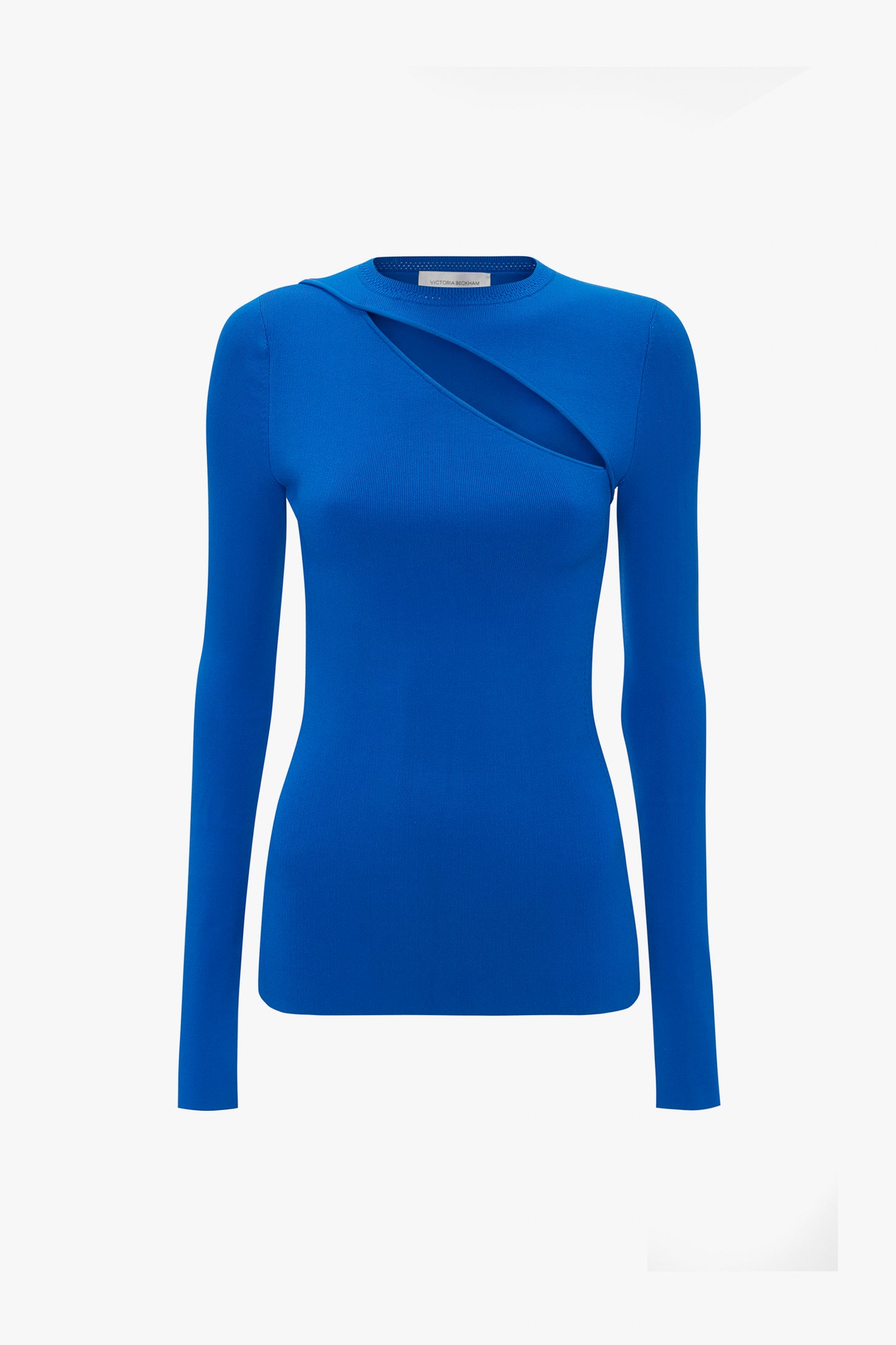 The VB Body Front Slash Crew Neck Top in Cobalt by Victoria Beckham features a blue, long-sleeve design with an asymmetrical cutout over the left shoulder.