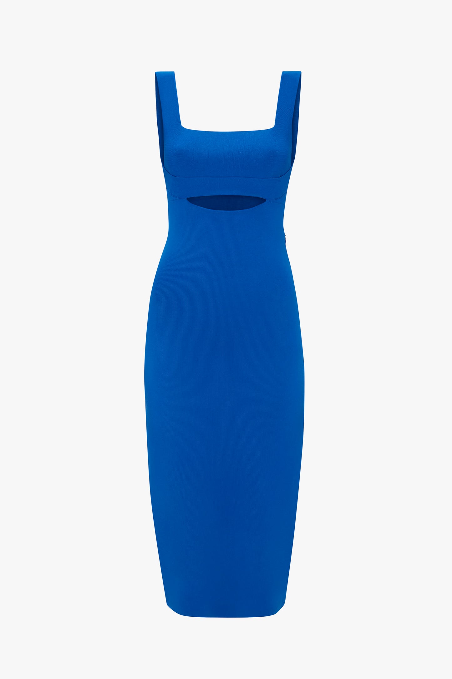 Victoria Beckham's VB Body Cut Out Midi Dress in Cobalt is a fitted, sleeveless blue dress featuring a square neckline and a cut-out detail just below the bust.