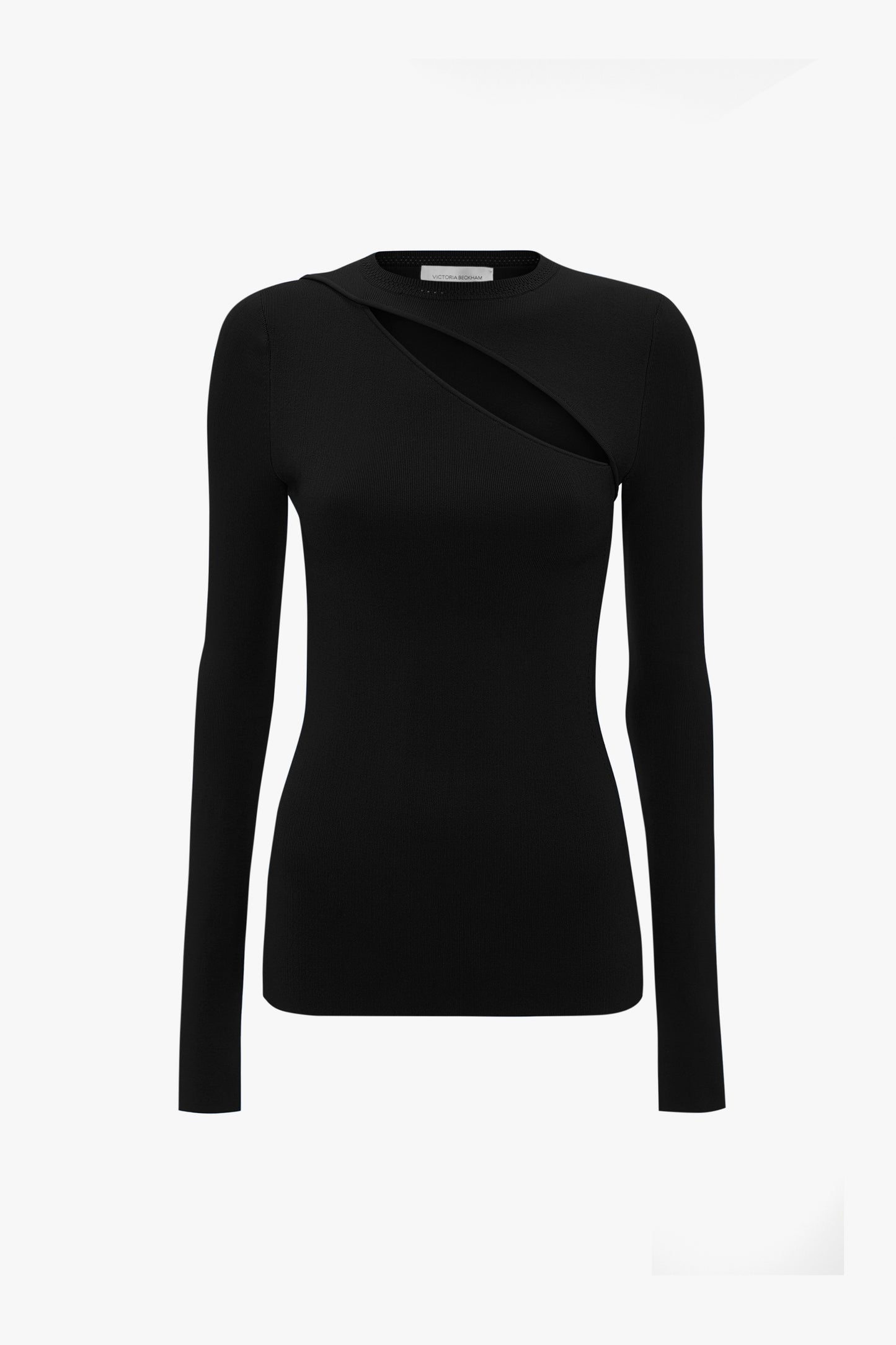 Victoria Beckham's VB Body Front Slash Crew Neck Top in Black features a long-sleeve design with an asymmetrical neckline and a cutout detail on the left shoulder, displayed against a plain white background.