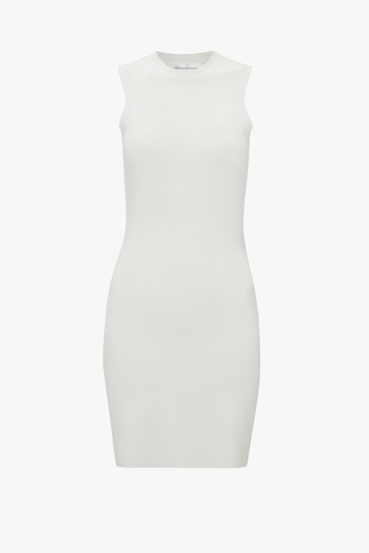 The VB Body Mini Dress in White by Victoria Beckham, a sleeveless bodycon dress with a crew neckline, displayed against a plain white background.