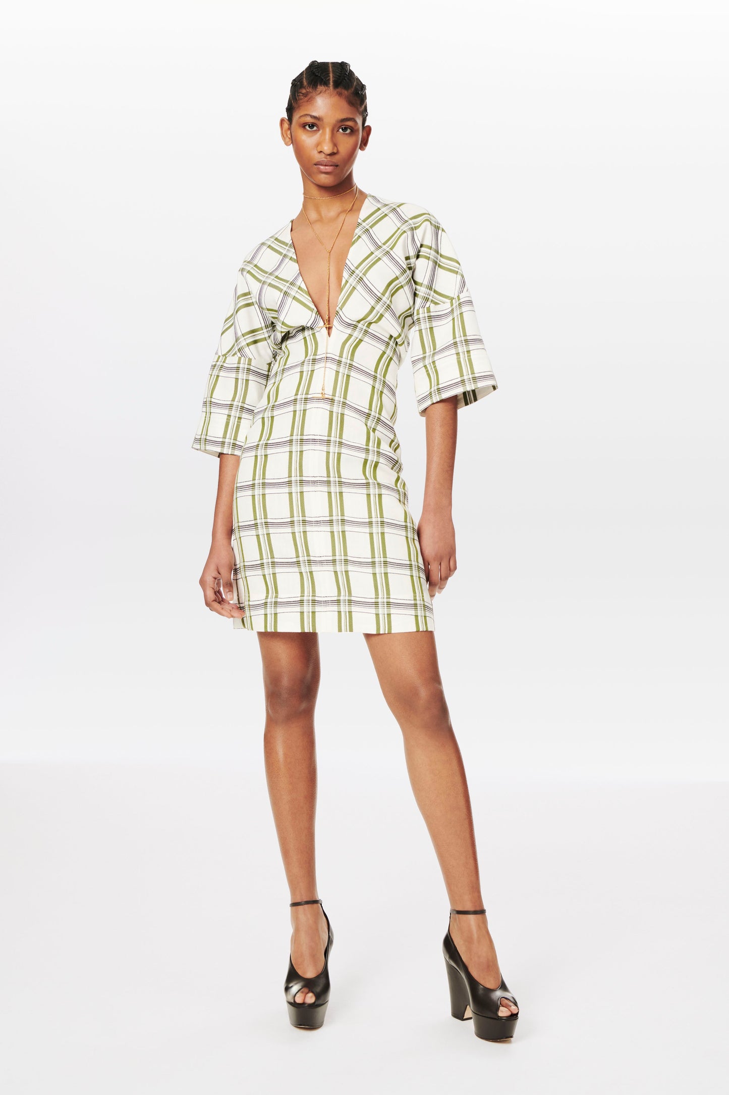 Deep V T-shirt Dress in White, Navy and Khaki Check