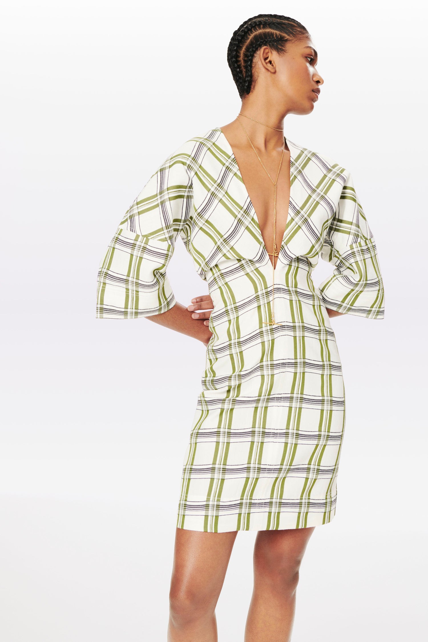 Deep V T-shirt Dress in White, Navy and Khaki Check