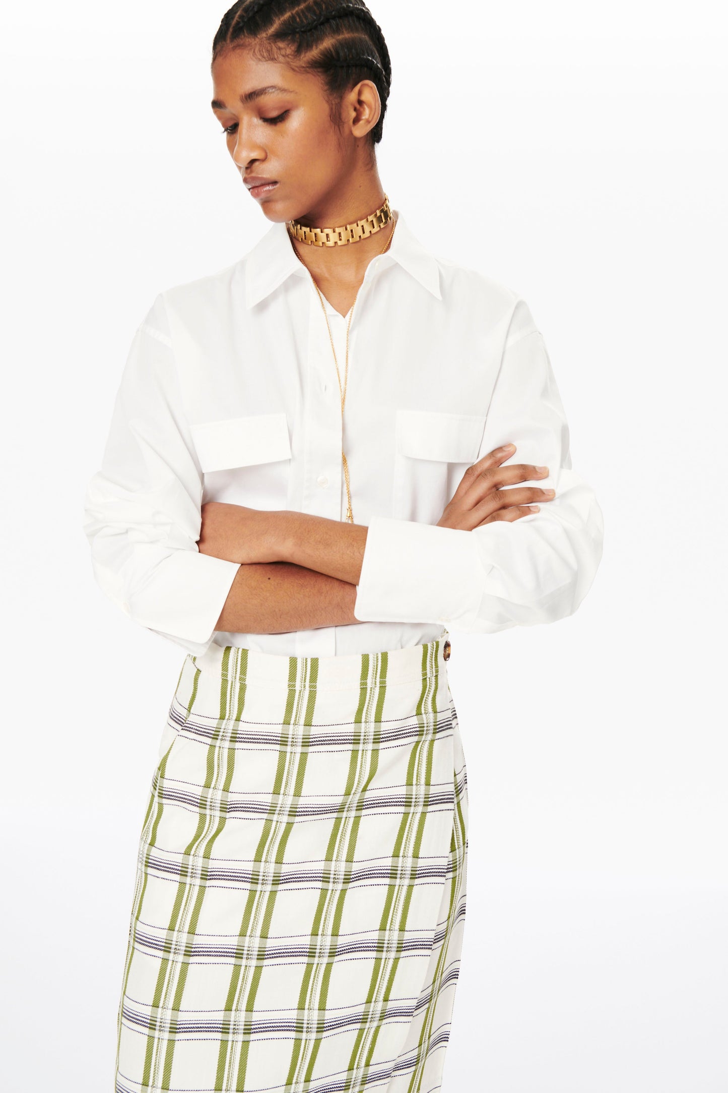 Wrap Skirt in Off White, Navy and Khaki Check