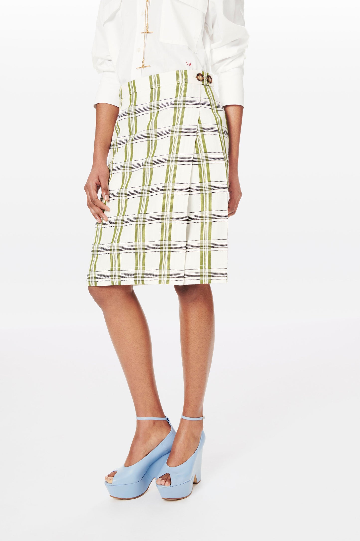 Wrap Skirt in Off White, Navy and Khaki Check