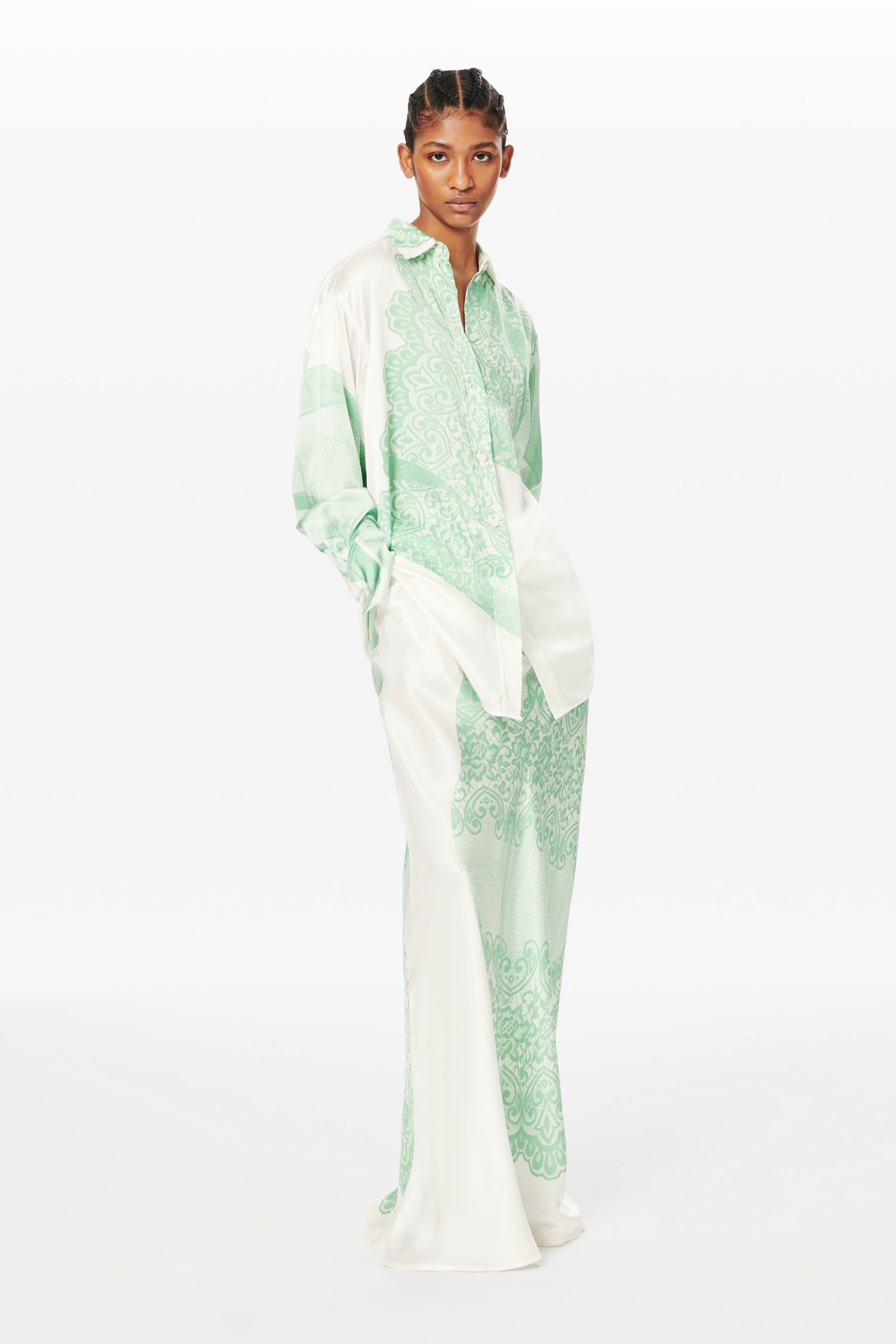 Printed Maxi Slip Skirt in White and Mint
