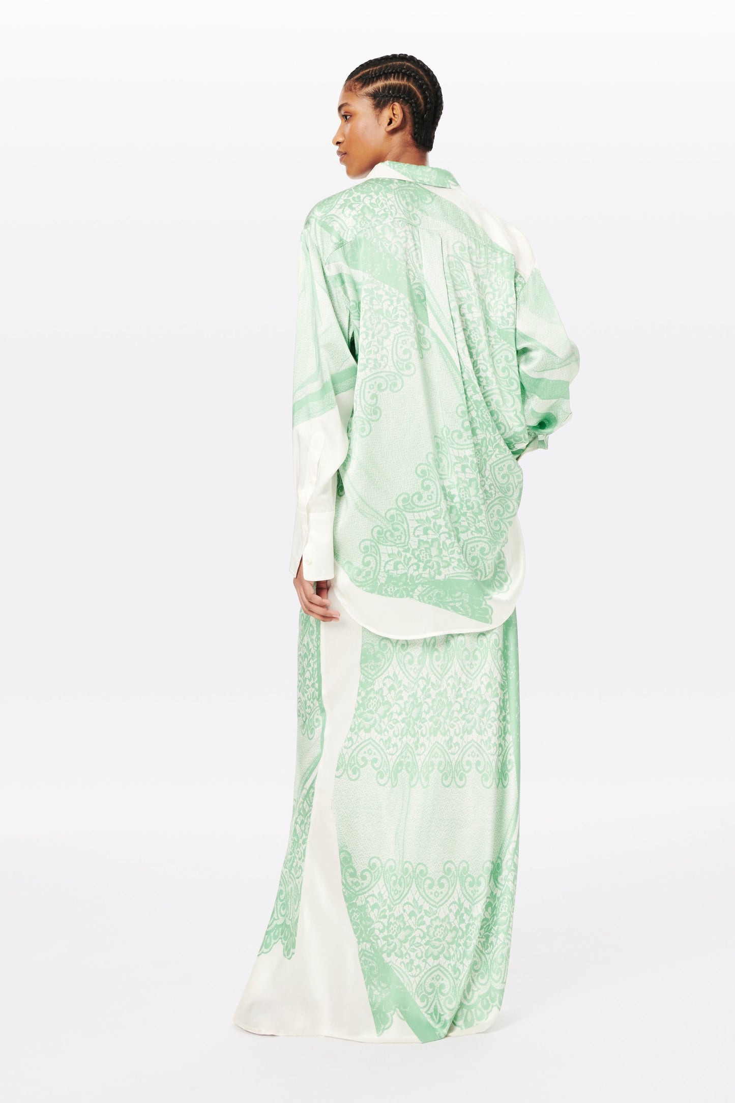 Printed Maxi Slip Skirt in White and Mint