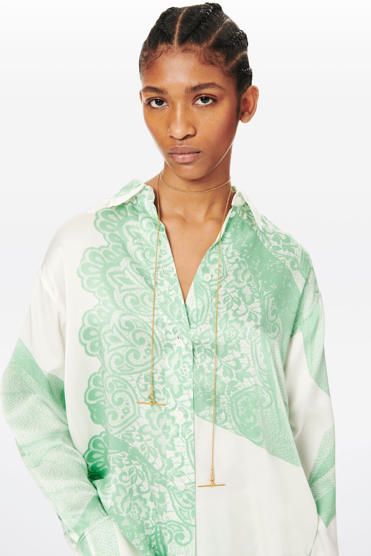 Printed Patch Pocket Shirt in White and Mint