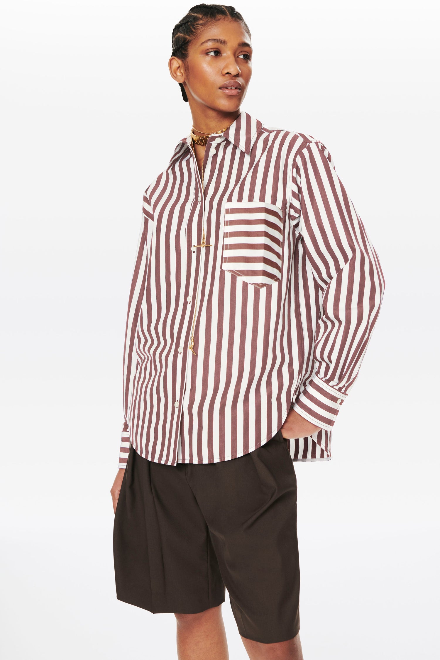 Patch Pocket Shirt in Dark Brown and White Stripe