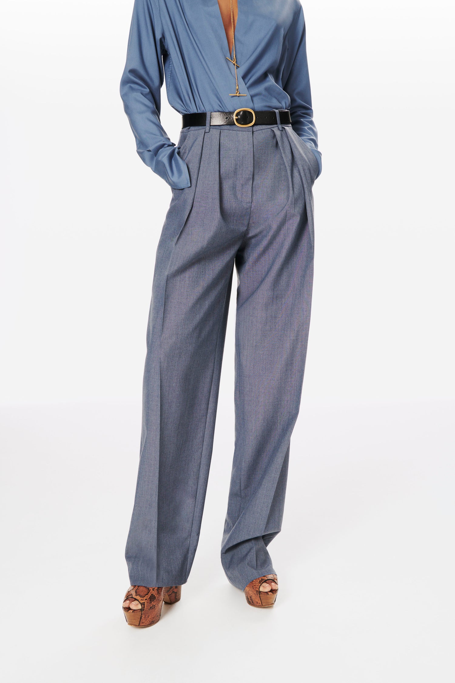 Double Pleat Slouch Trouser in Denim Blue