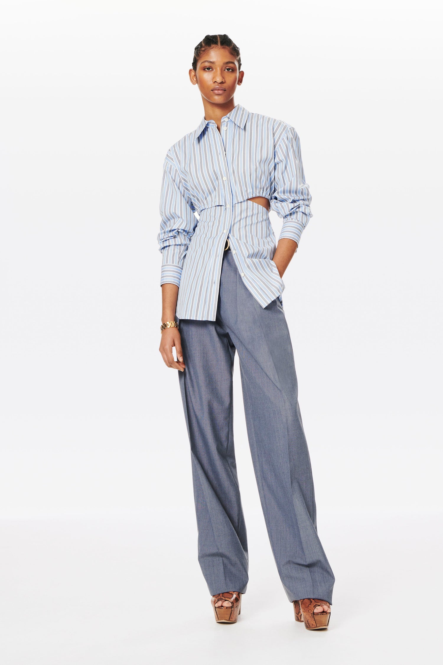 Gathered Cut-Out Shirt in Oxford Blue Stripe