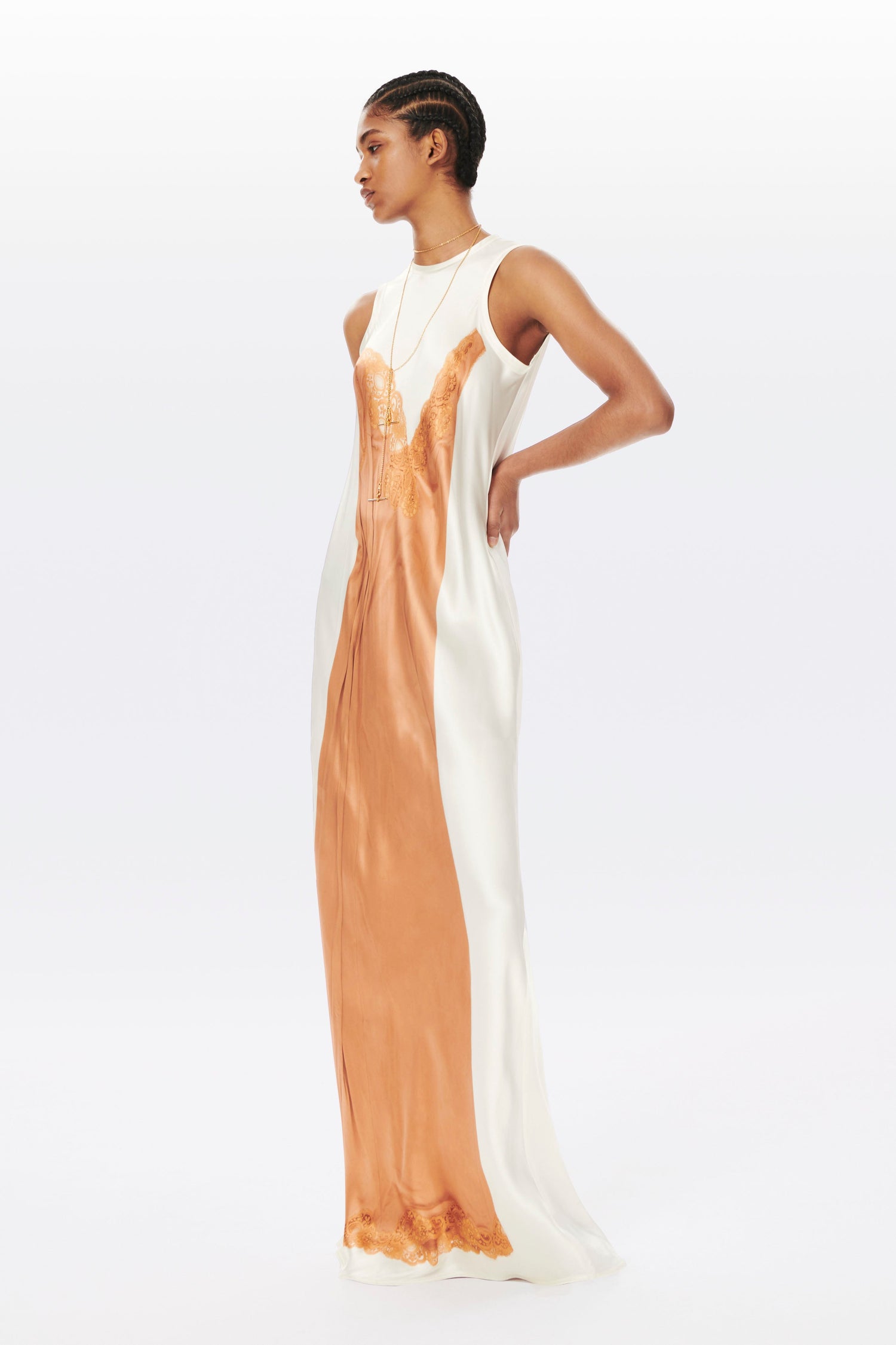 Printed Floor Length Bias Dress in White and Peach