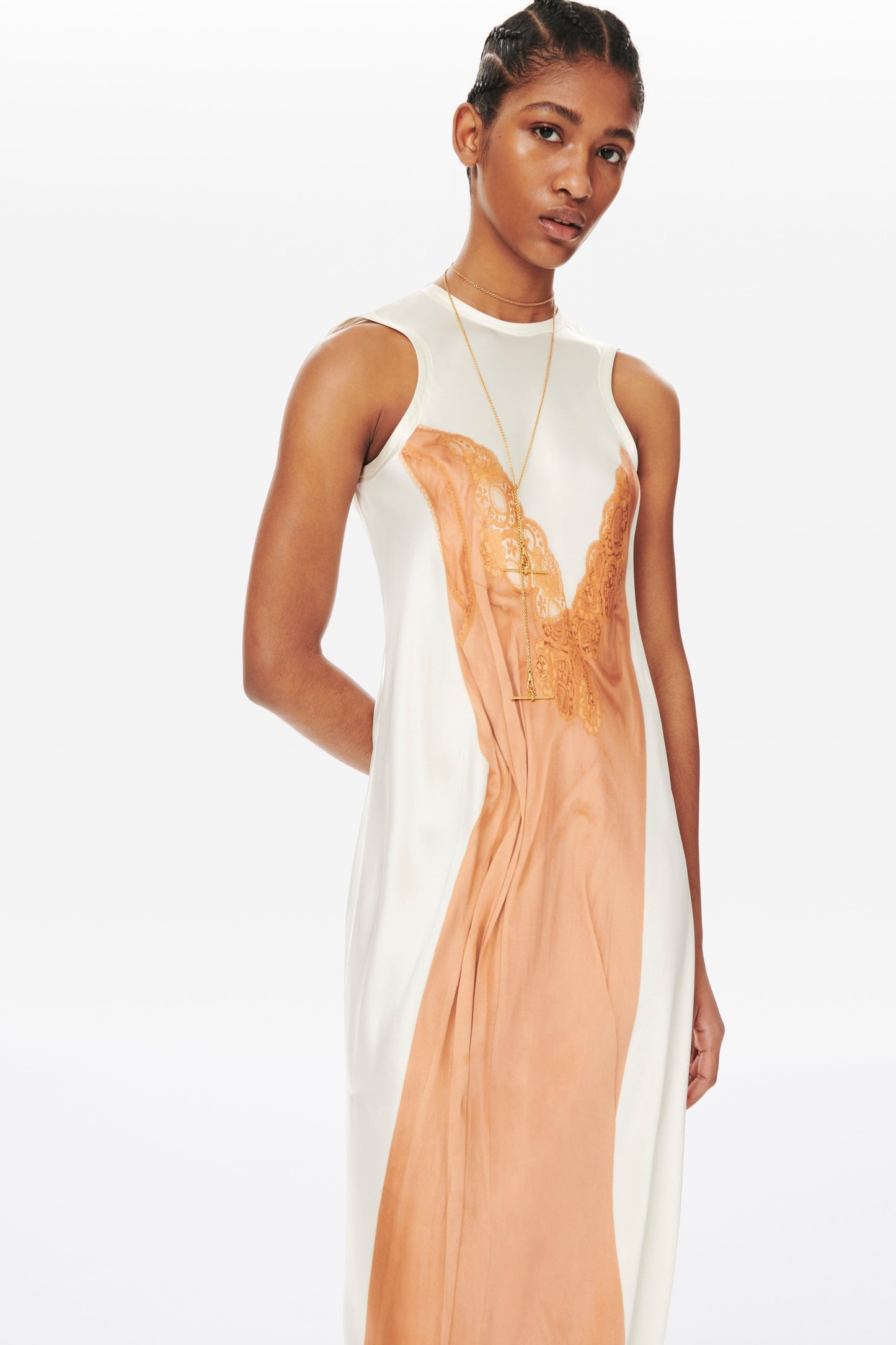 Printed Floor Length Bias Dress in White and Peach