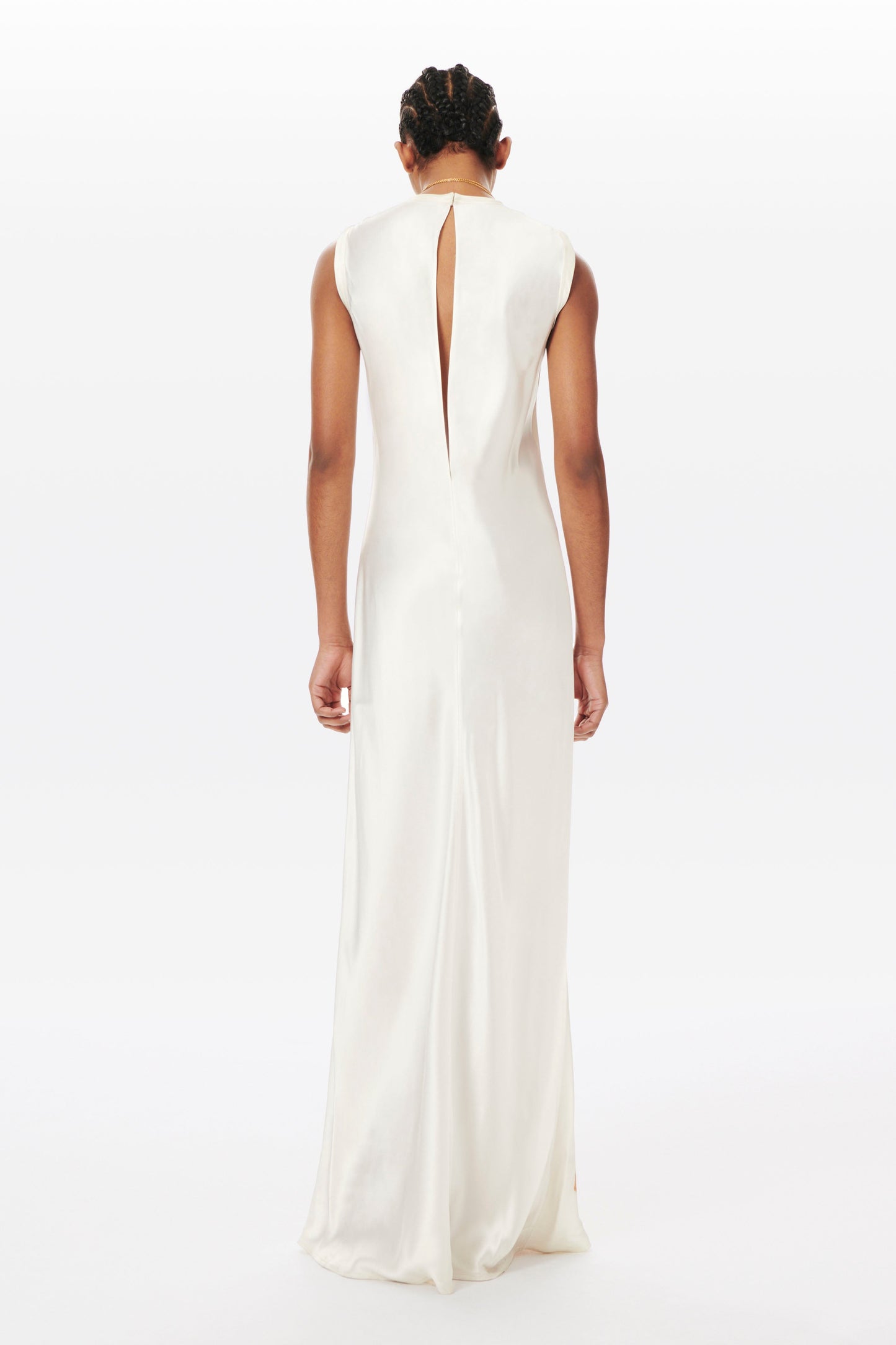 Printed Floor Length Bias Dress in White and Peach