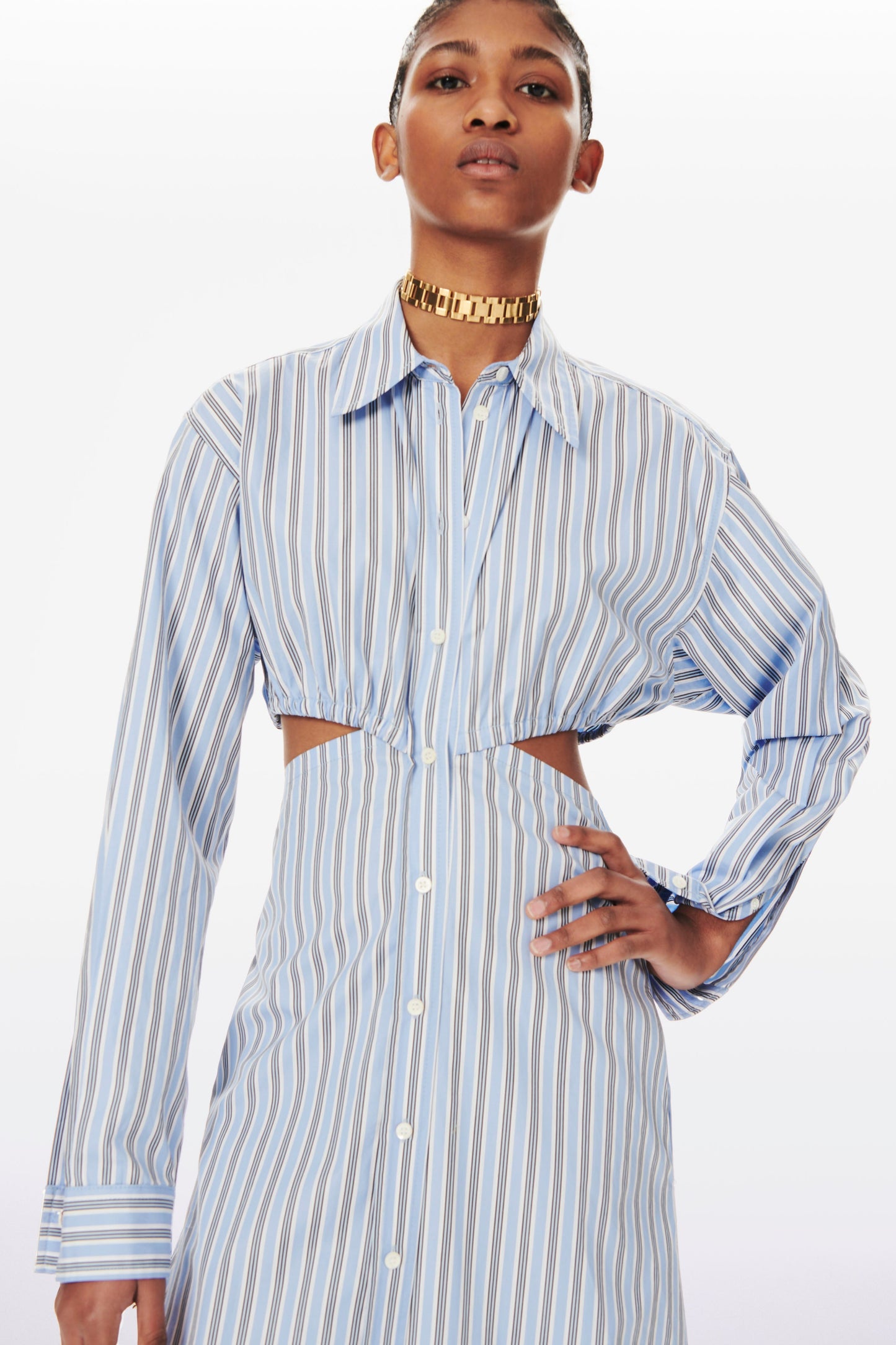 Open Back Midi Shirt Dress in Oxford Blue Stripe
