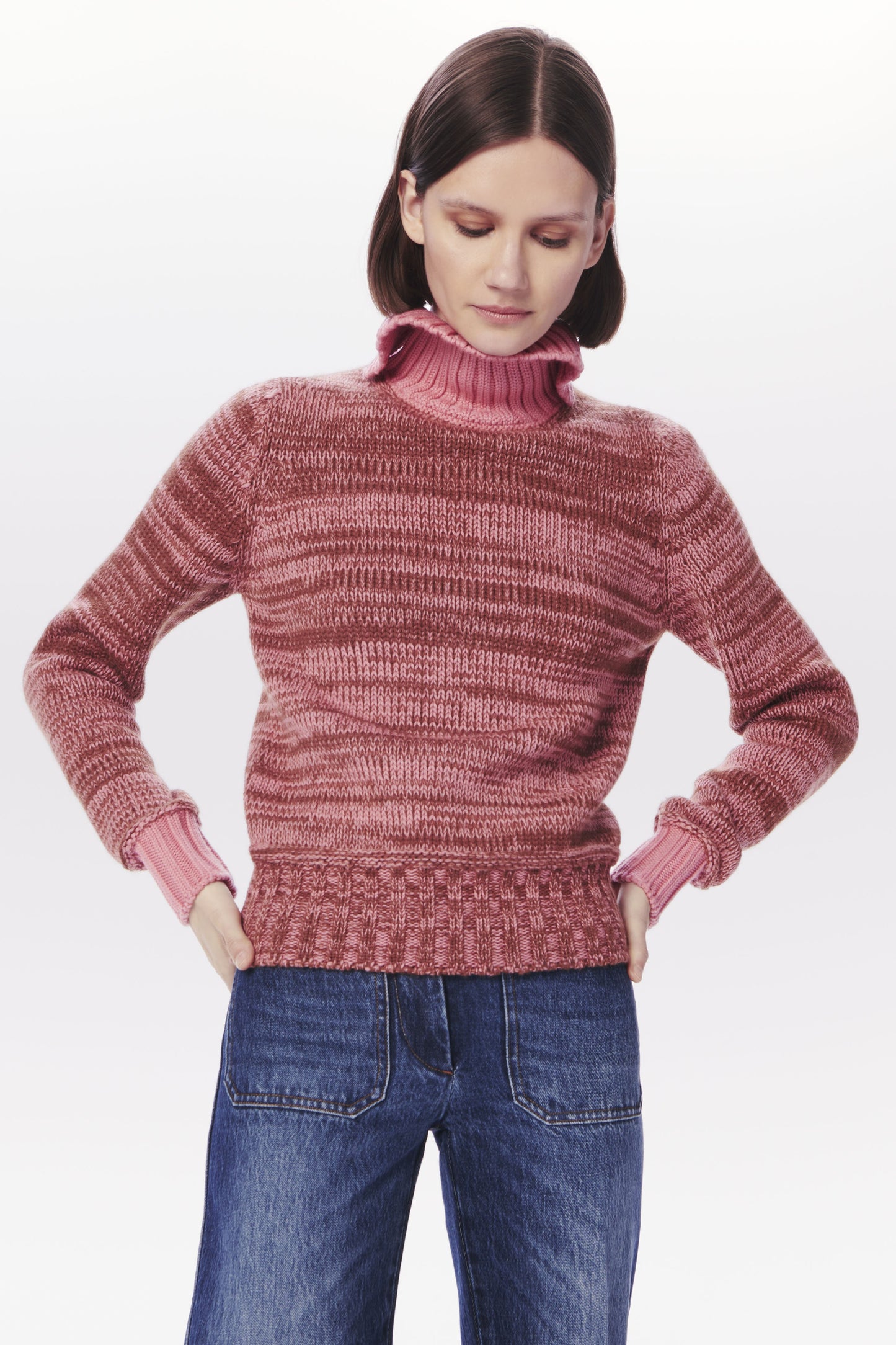 VB x Woolmark Contrast Rib Polo Neck Jumper in Camel & Pink