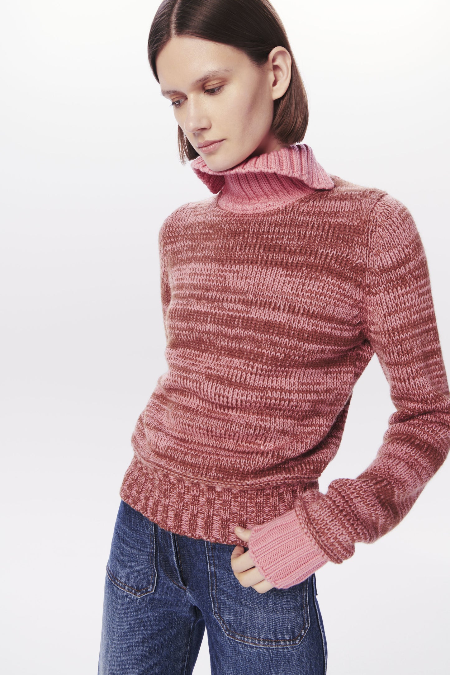 VB x Woolmark Contrast Rib Polo Neck Jumper in Camel & Pink