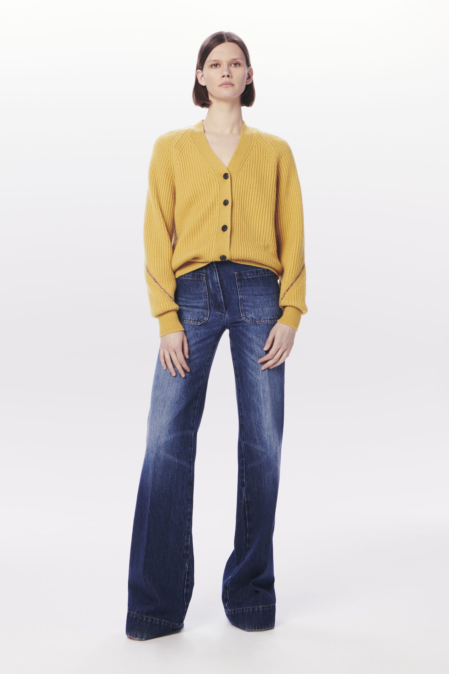 VB x Woolmark Wide Rib V Neck Cardigan in Mustard