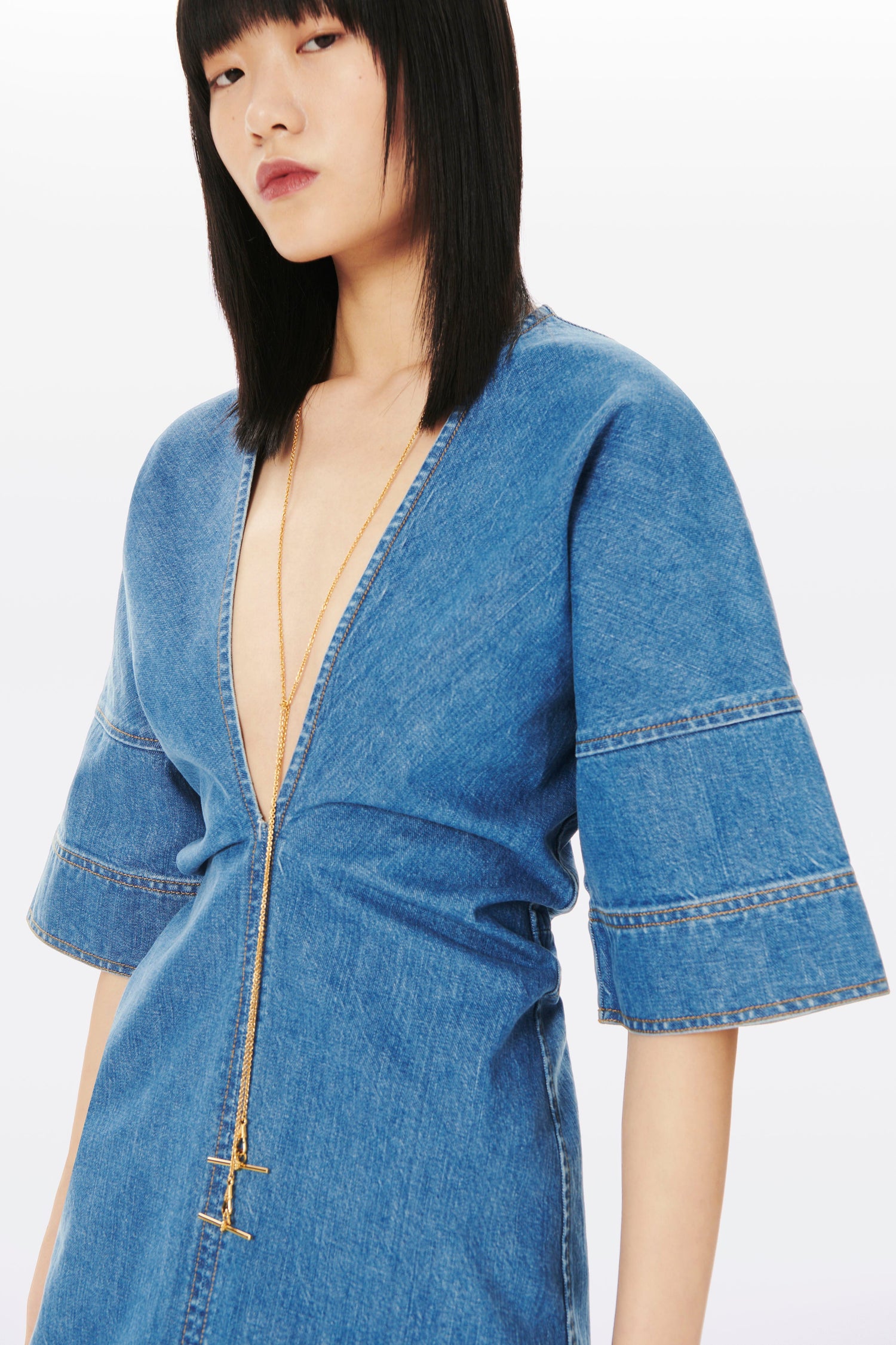Deep V T-shirt Dress in Faded Blue Wash