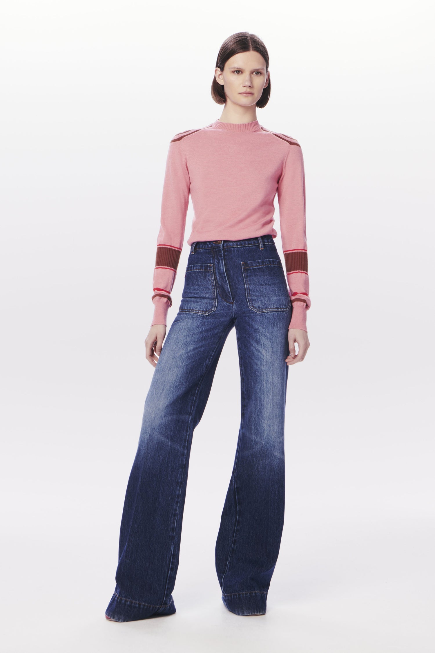 VB x Woolmark Contrast Stripe Jumper in Pink, Red & Camel