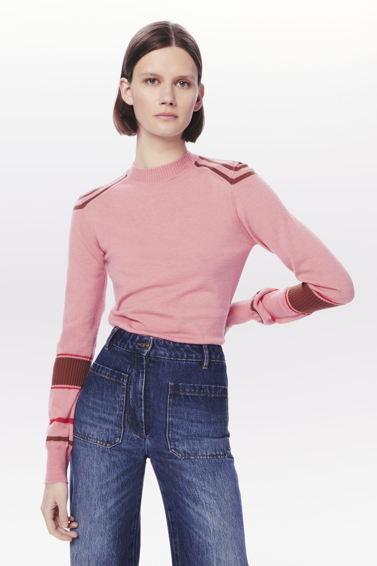 VB x Woolmark Contrast Stripe Jumper in Pink, Red & Camel