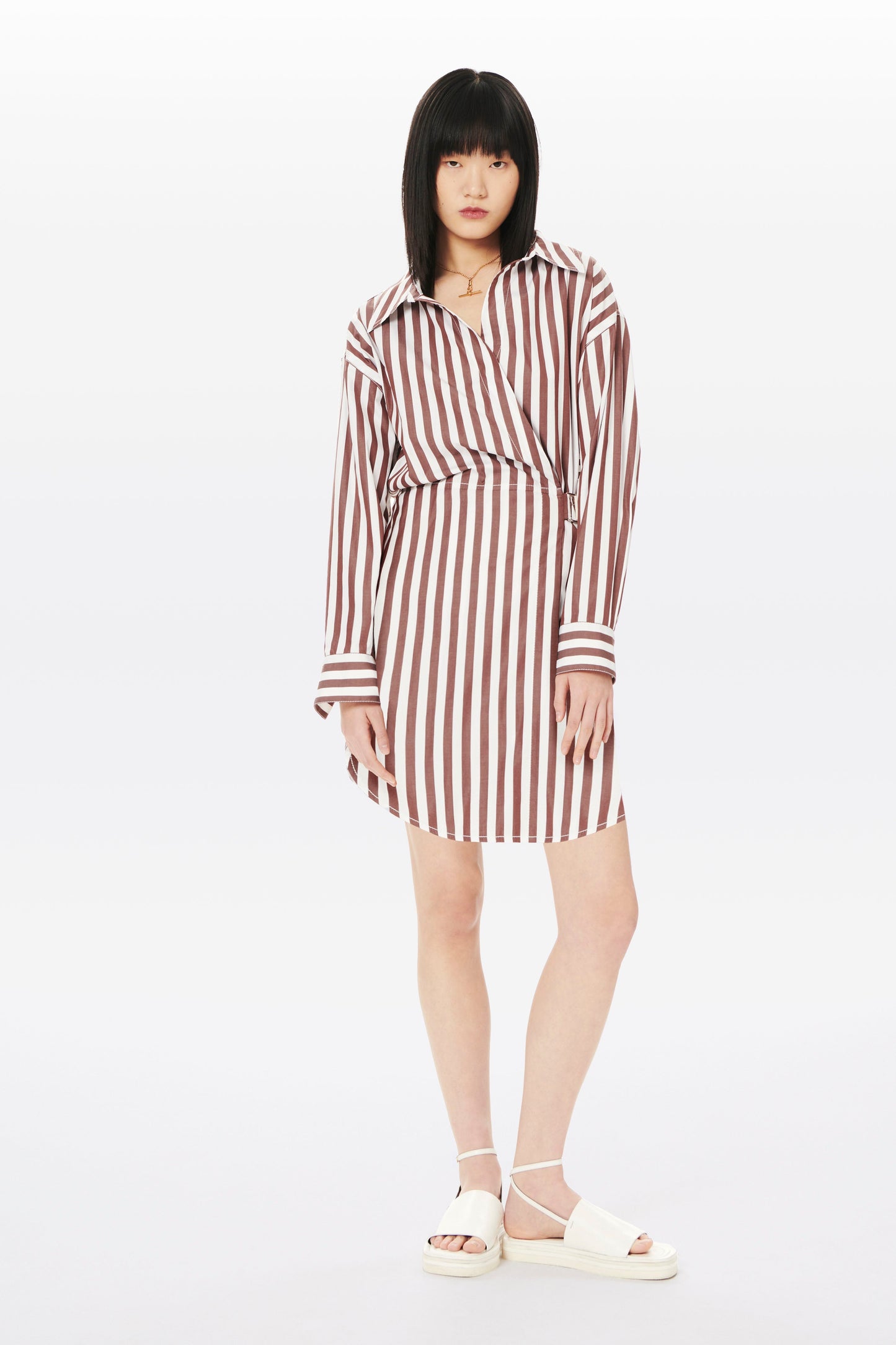 Wrap Shirt Dress in Brown and White