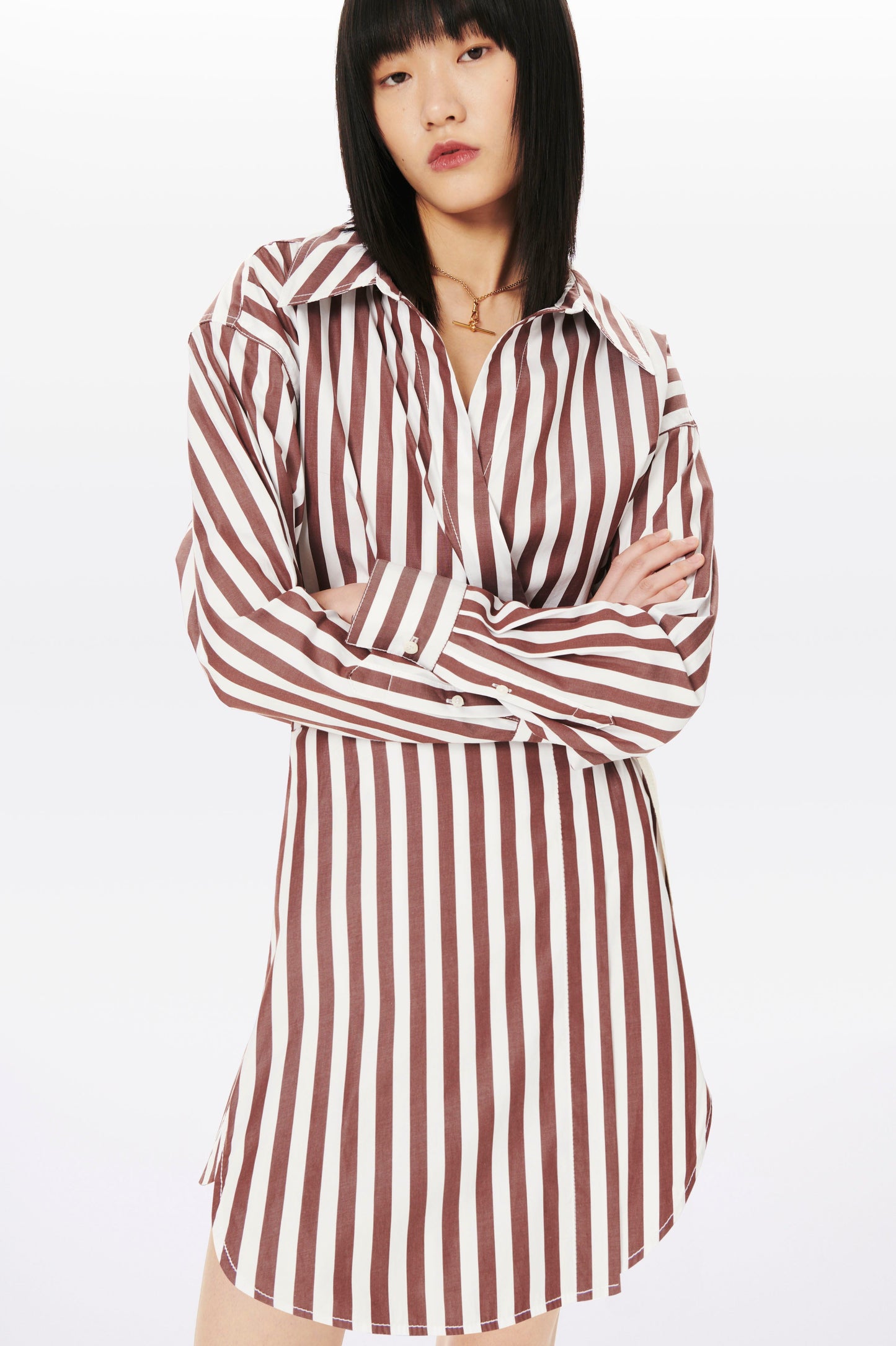 Wrap Shirt Dress in Brown and White