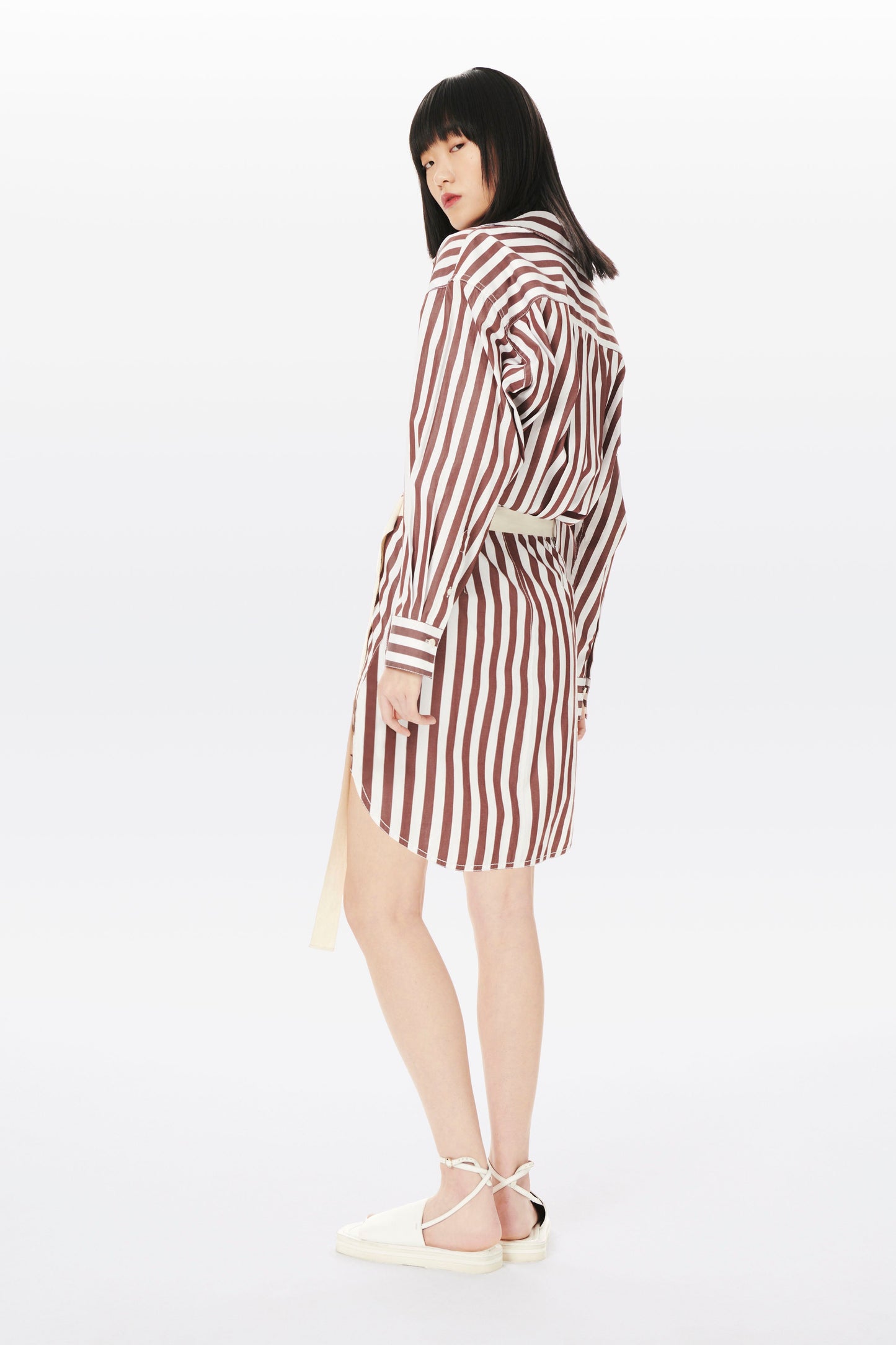 Wrap Shirt Dress in Brown and White