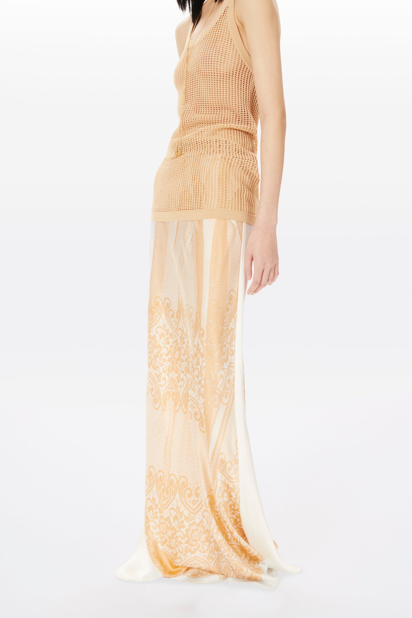 Printed Maxi Slip Skirt in White and Peach