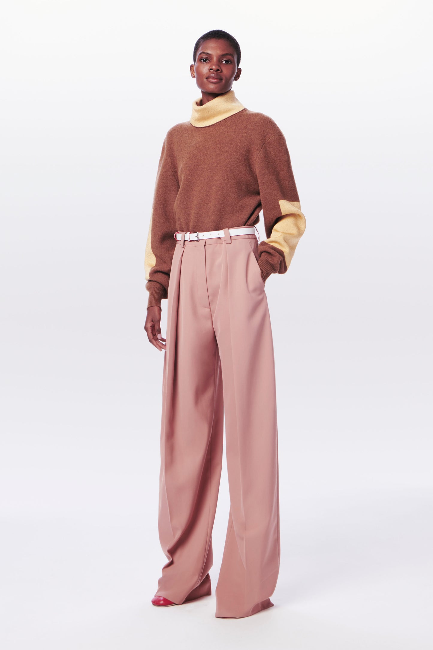 Contrast Detail Polo Neck Jumper in Camel & Banana