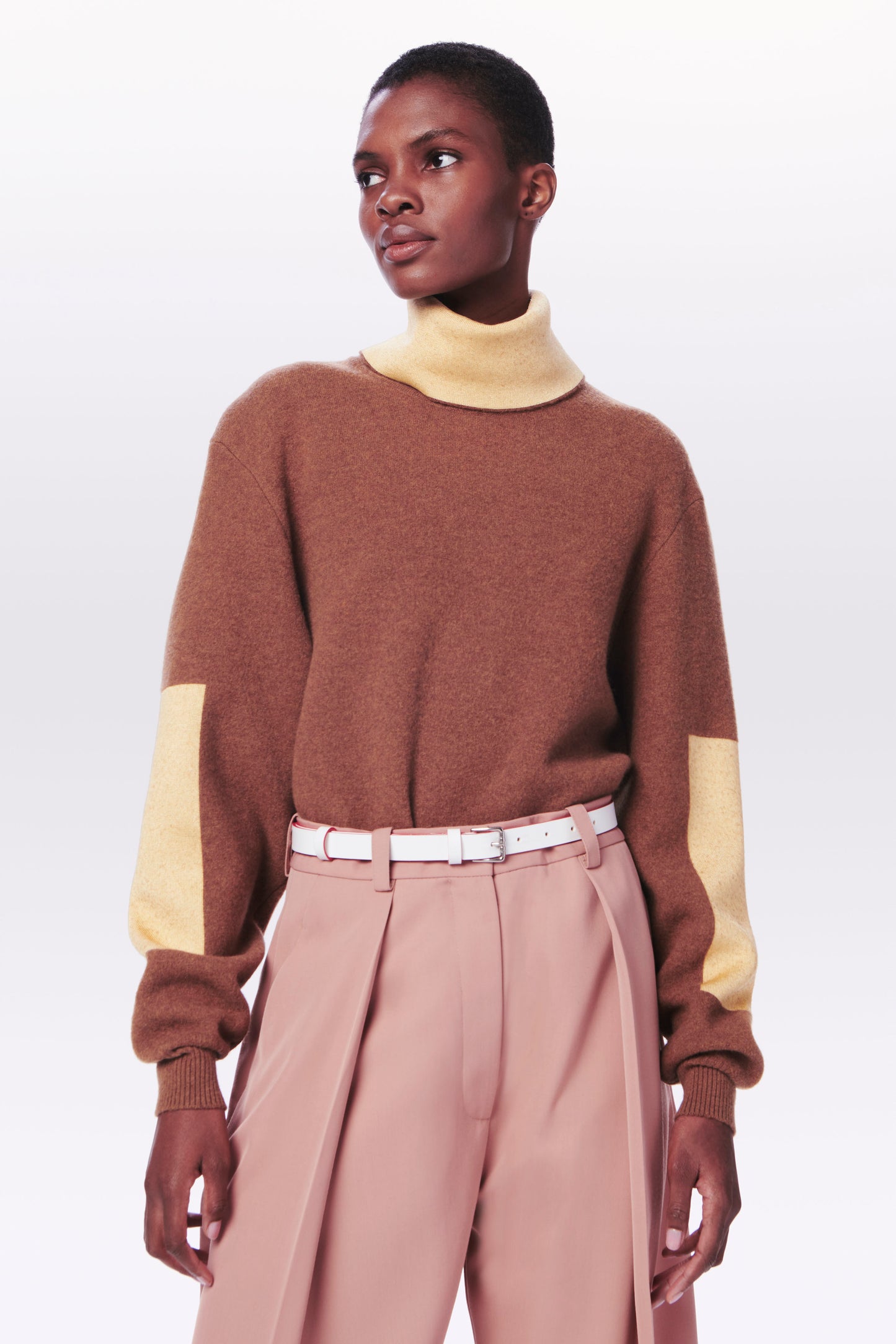 Contrast Detail Polo Neck Jumper in Camel & Banana