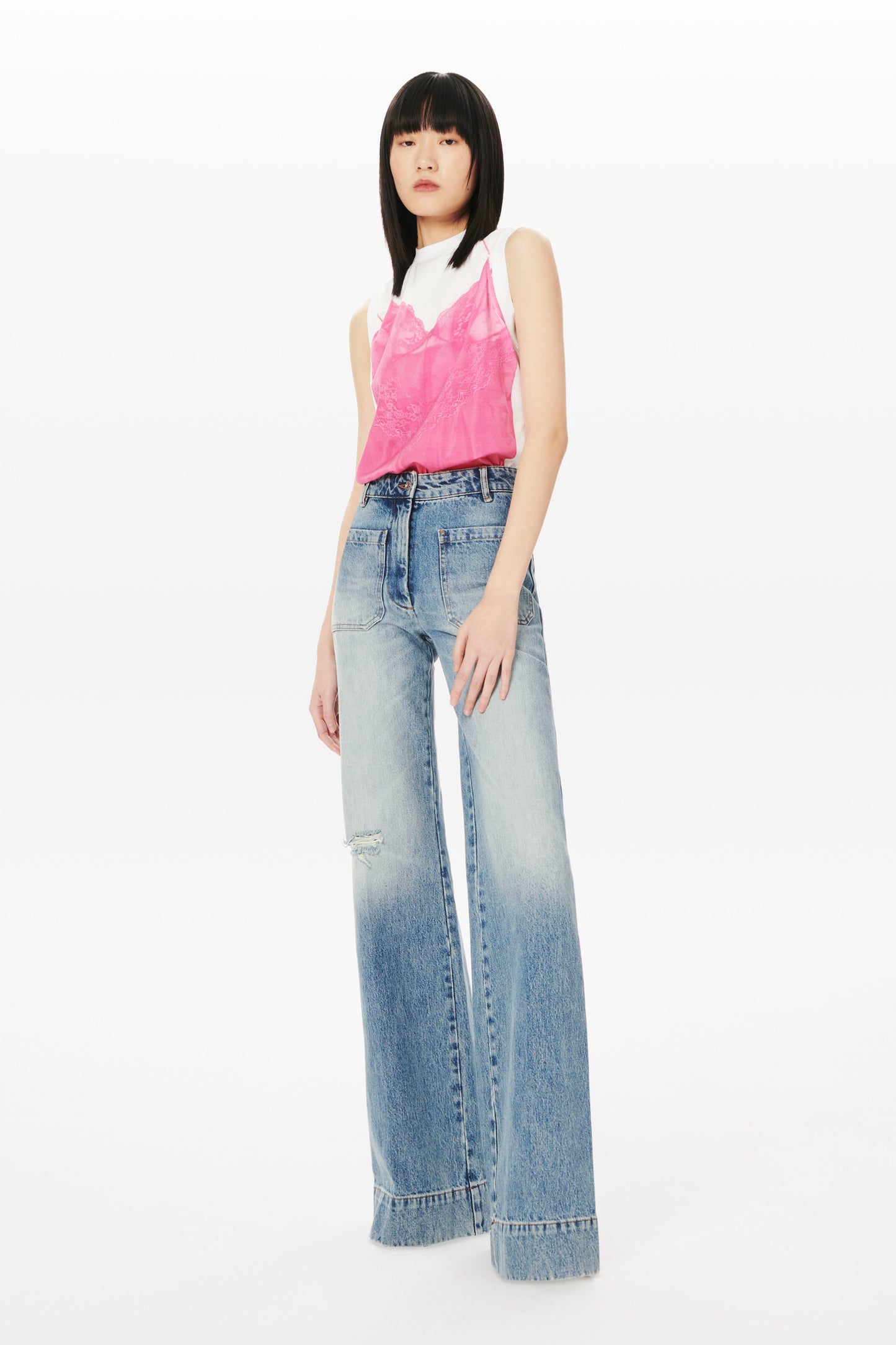 Printed Sleeveless T-shirt in White and Pink