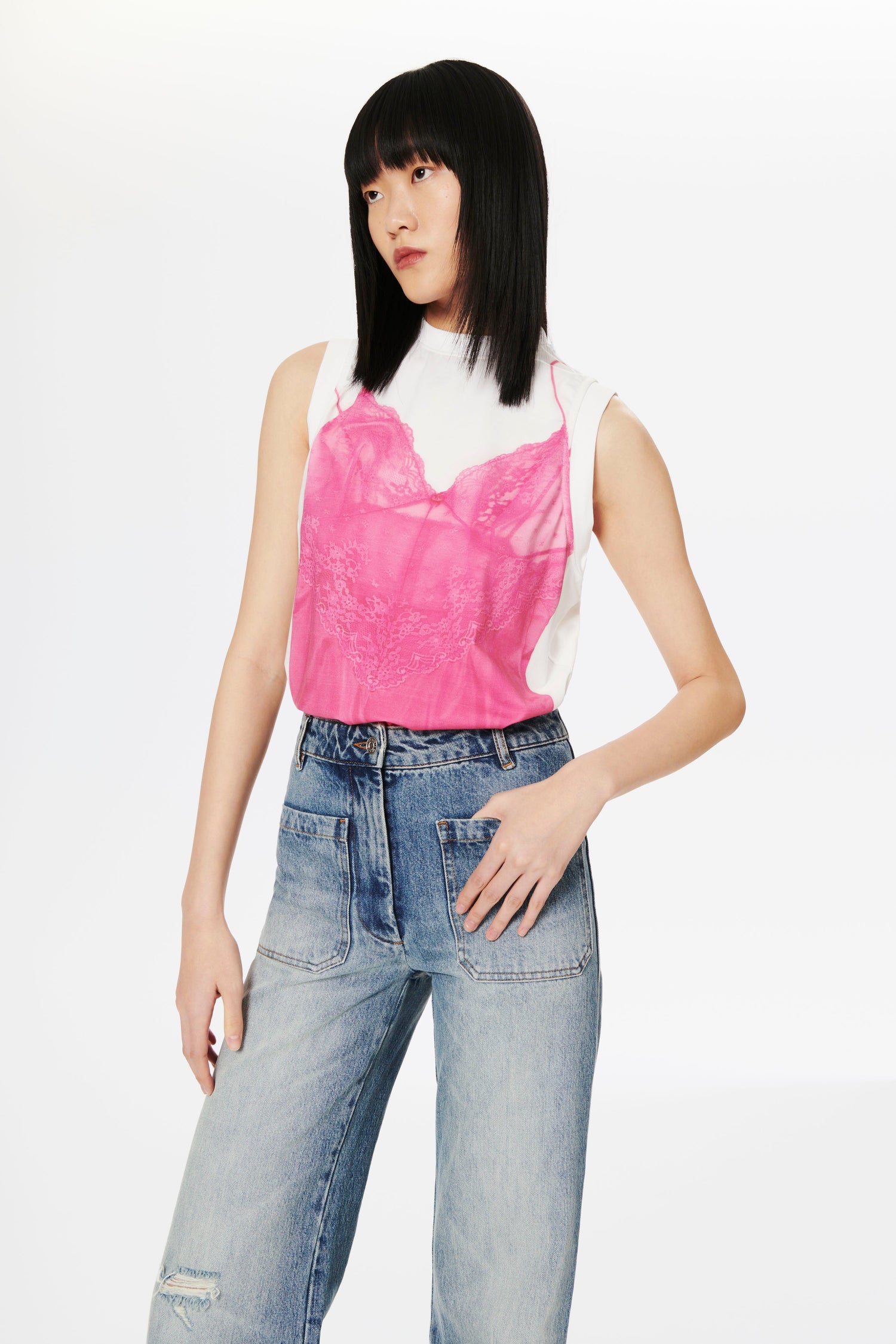Printed Sleeveless T-shirt in White and Pink