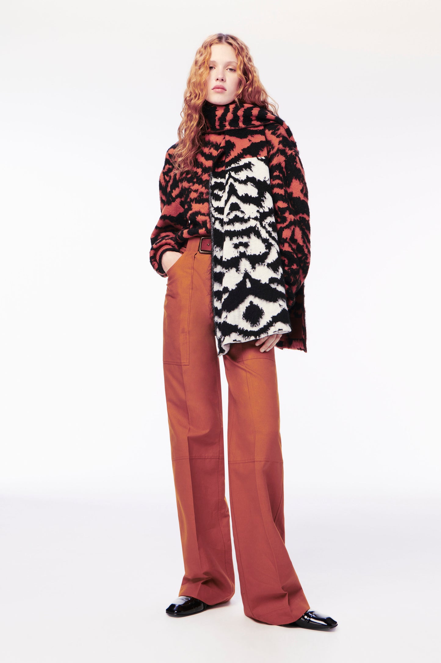 Animal Jacquard Scarf in White & Burnt Orange