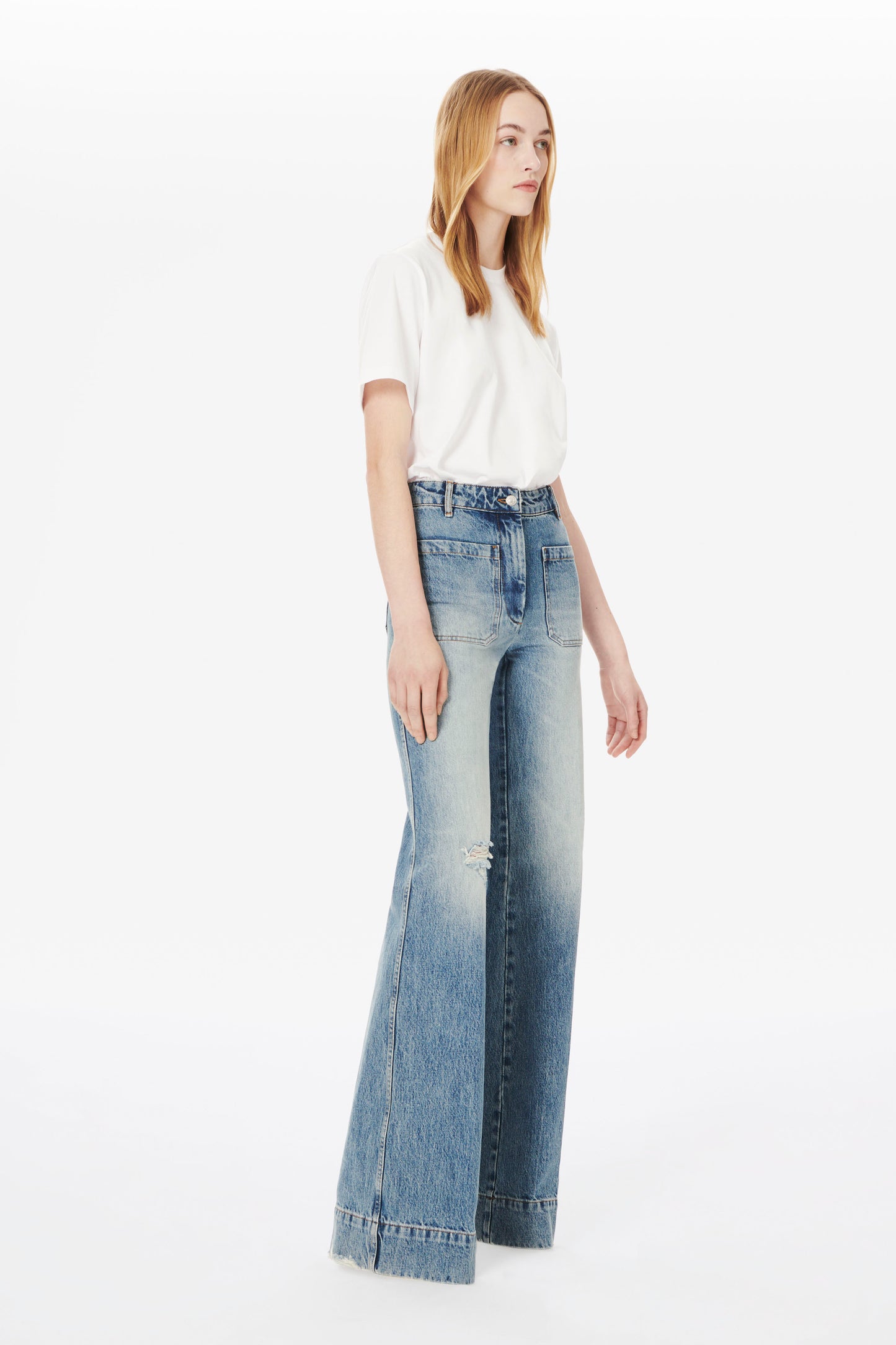 Alina High Waisted Patch Pocket Jean in Worn Blue Wash