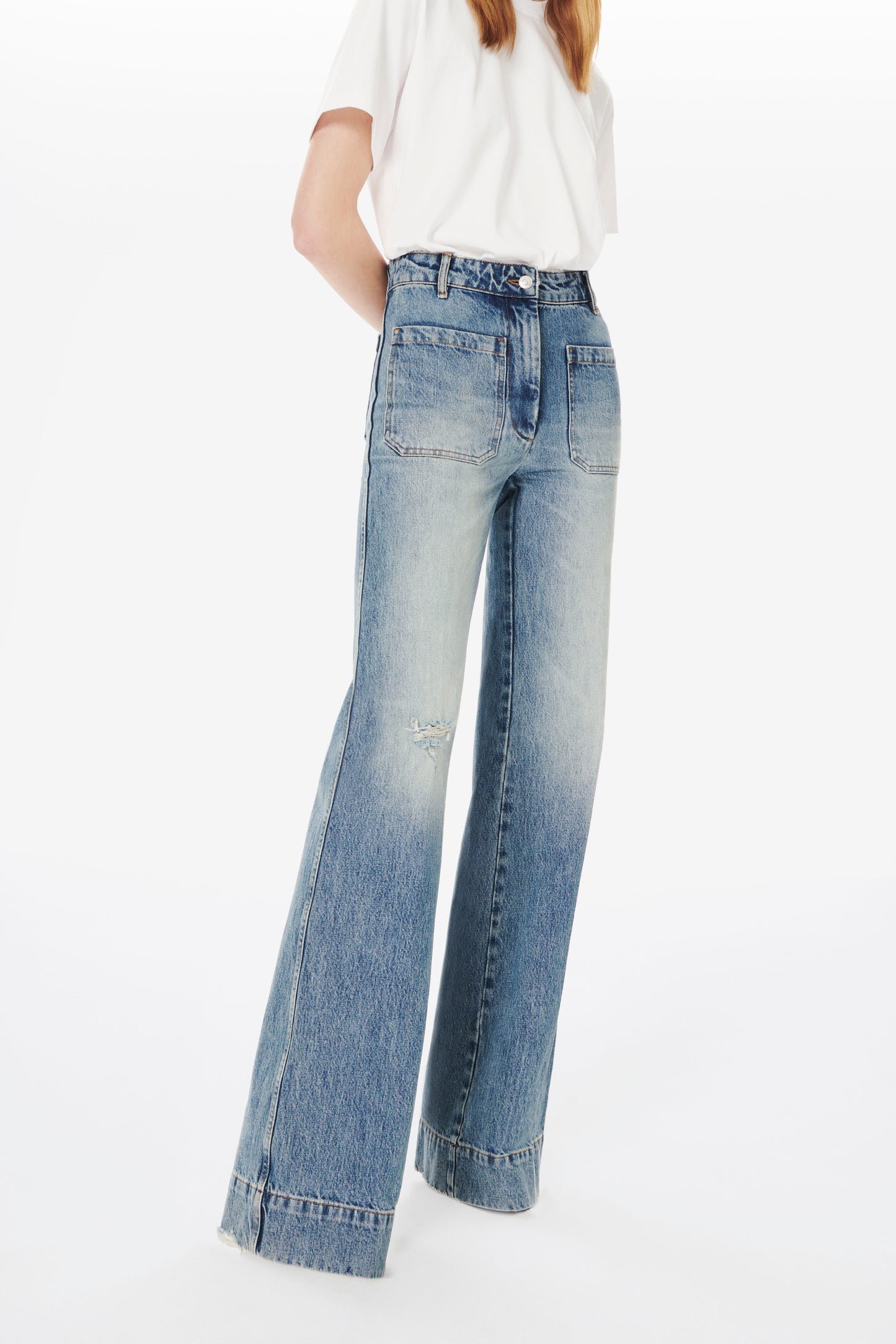 Alina High Waisted Patch Pocket Jean in Worn Blue Wash
