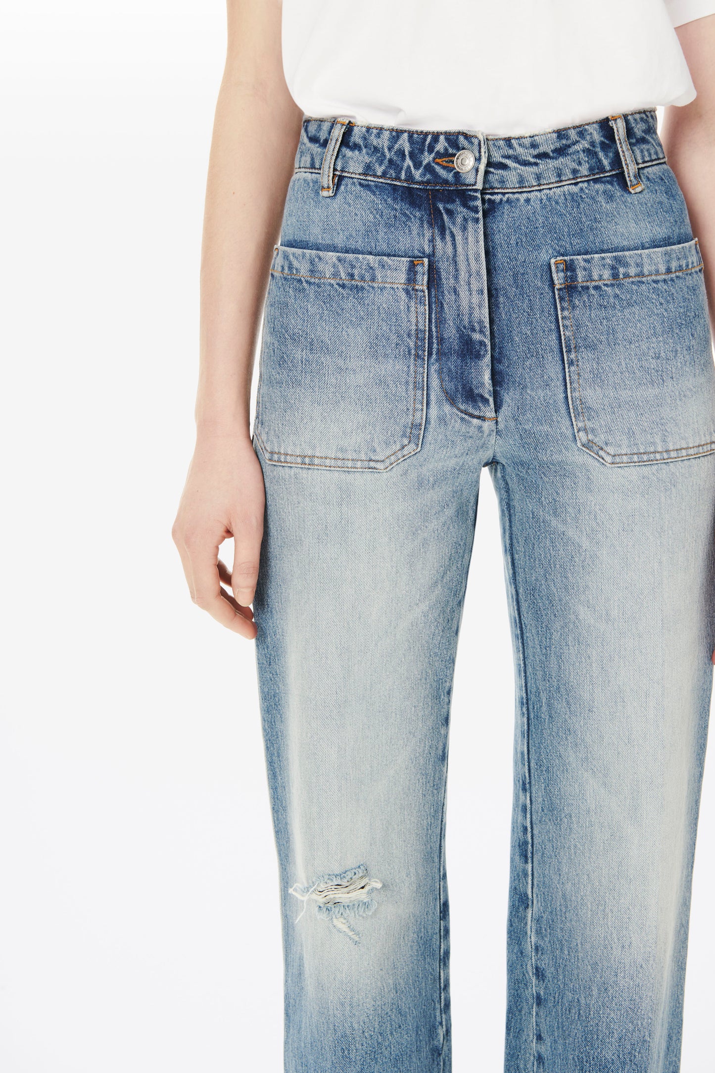 Alina High Waisted Patch Pocket Jean in Worn Blue Wash