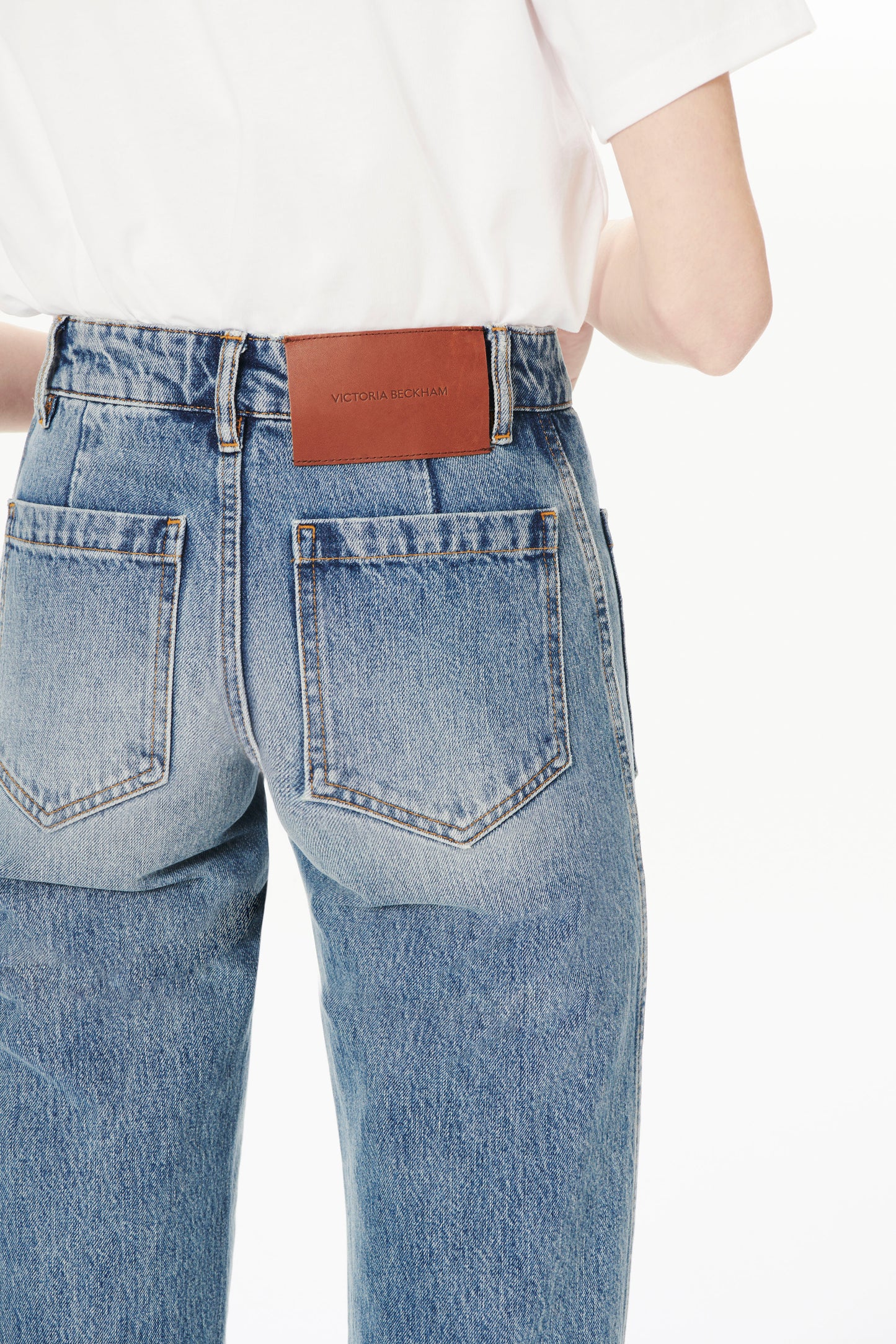 Alina High Waisted Patch Pocket Jean in Worn Blue Wash