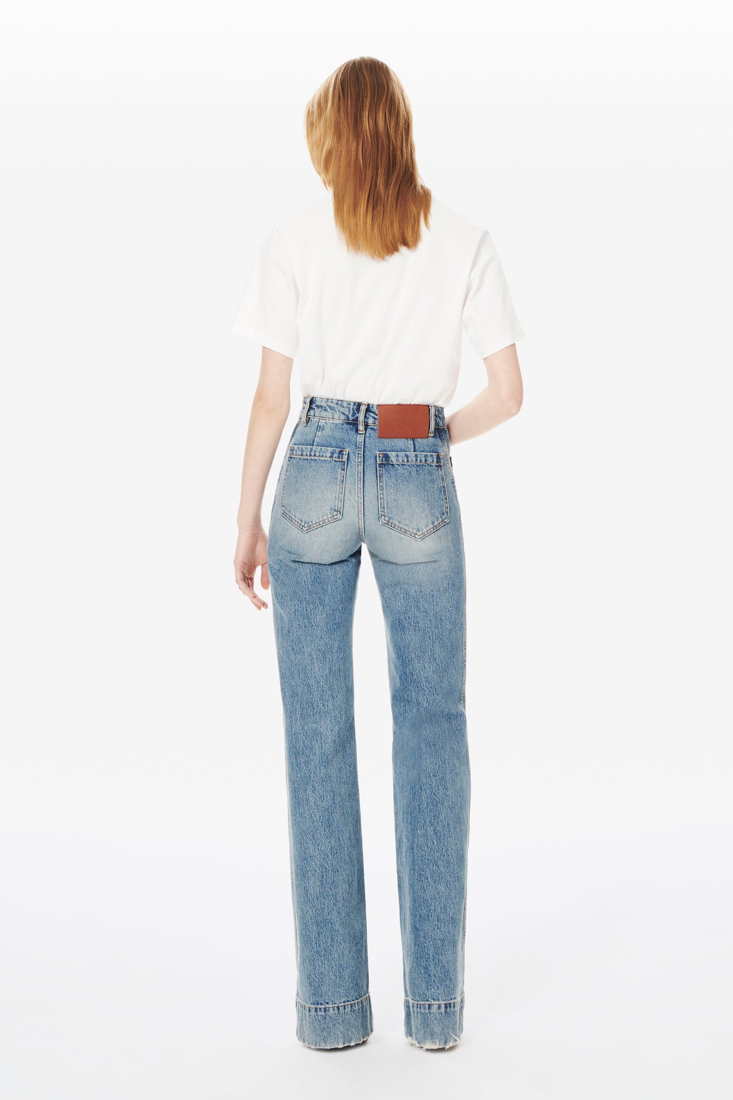 Alina High Waisted Patch Pocket Jean in Worn Blue Wash