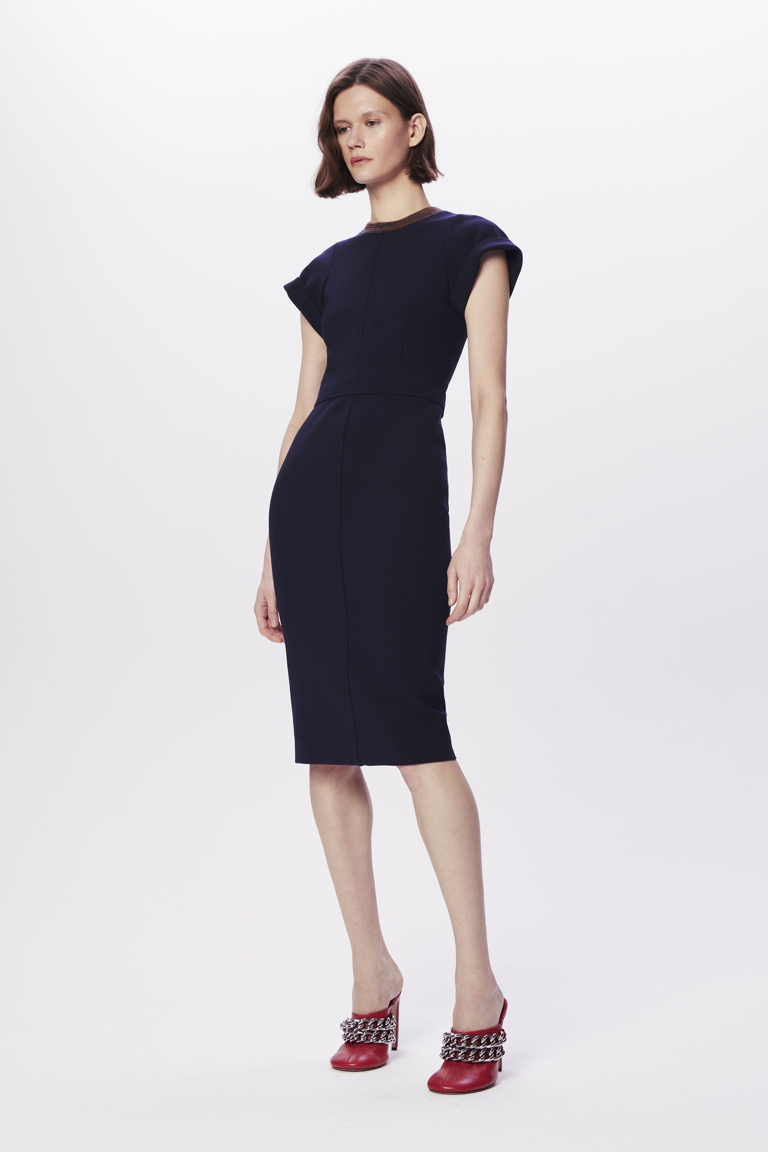 Contrast Knit-Trim Fitted T-shirt Dress in Navy