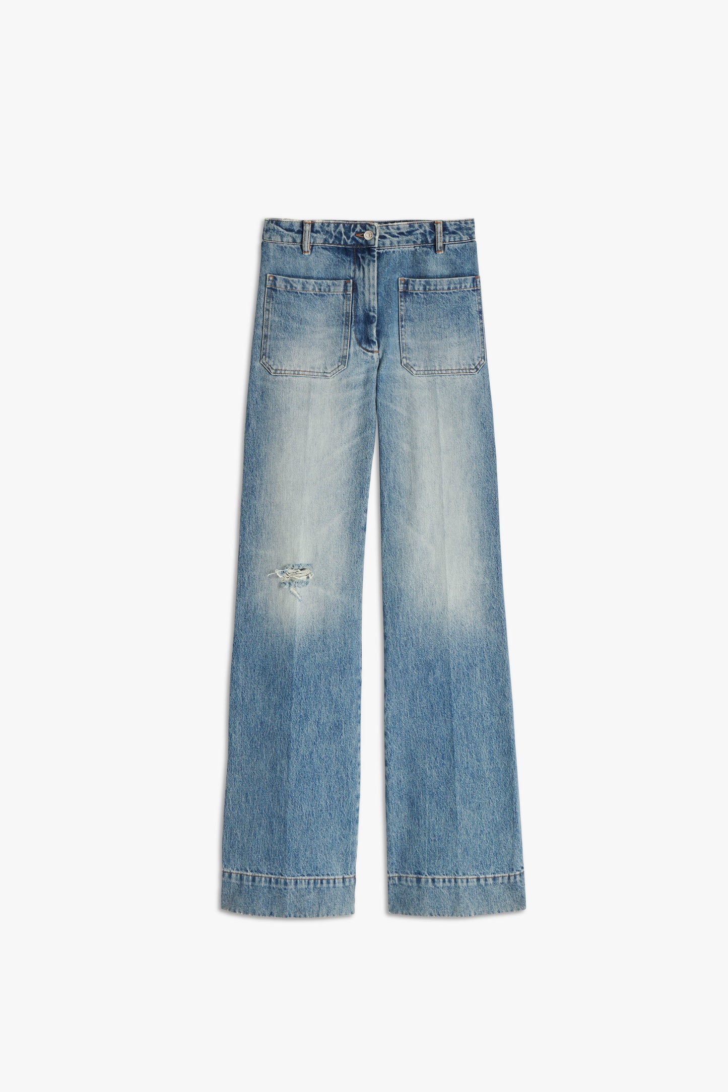 Alina High Waisted Patch Pocket Jean in Worn Blue Wash