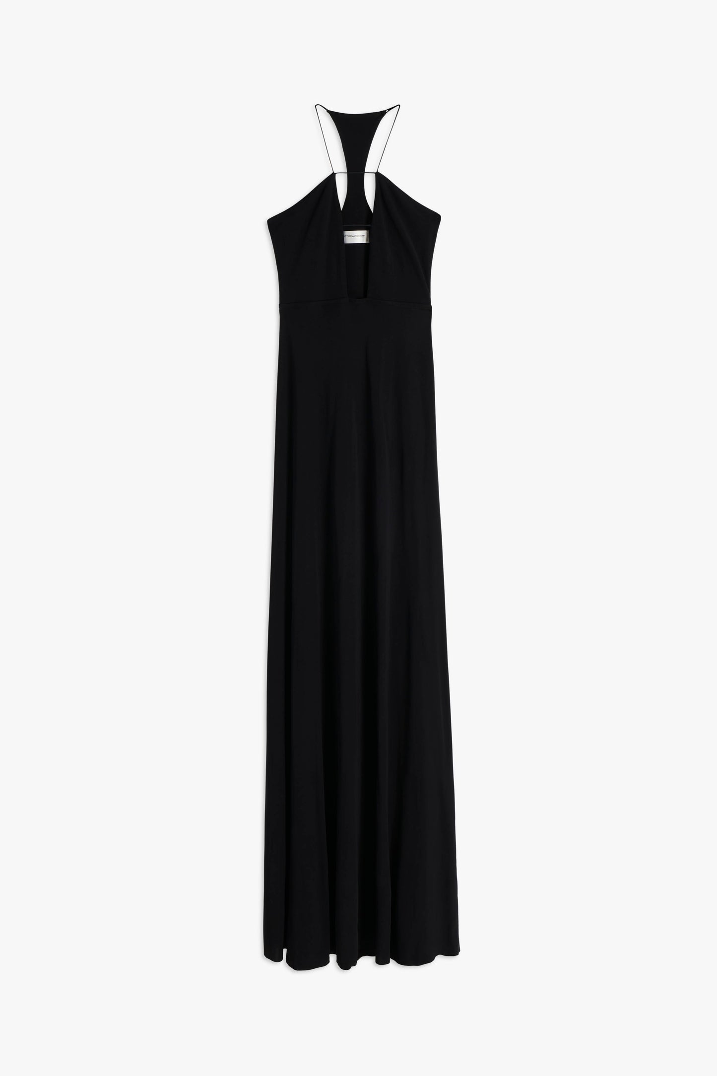 A stunning, floor-length Halter Floor-Length Dress in Black by Victoria Beckham hangs against a white background, crafted from sustainable viscose yarns.