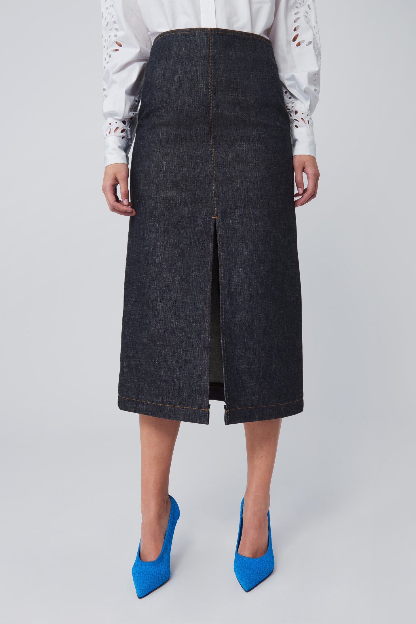 Box Pleat Midi Skirt in Stone Wash Denim