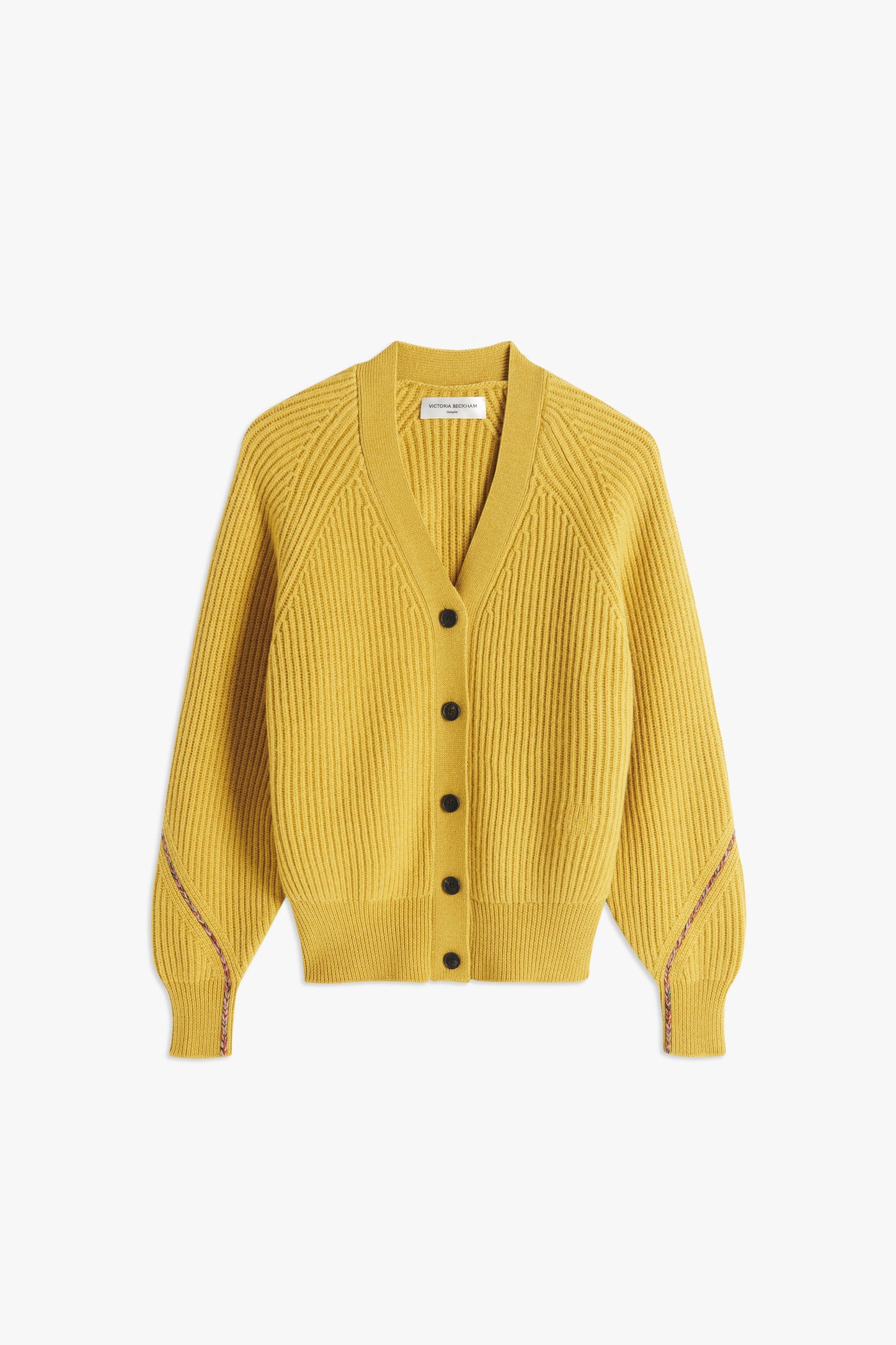 VB x Woolmark Wide Rib V Neck Cardigan in Mustard