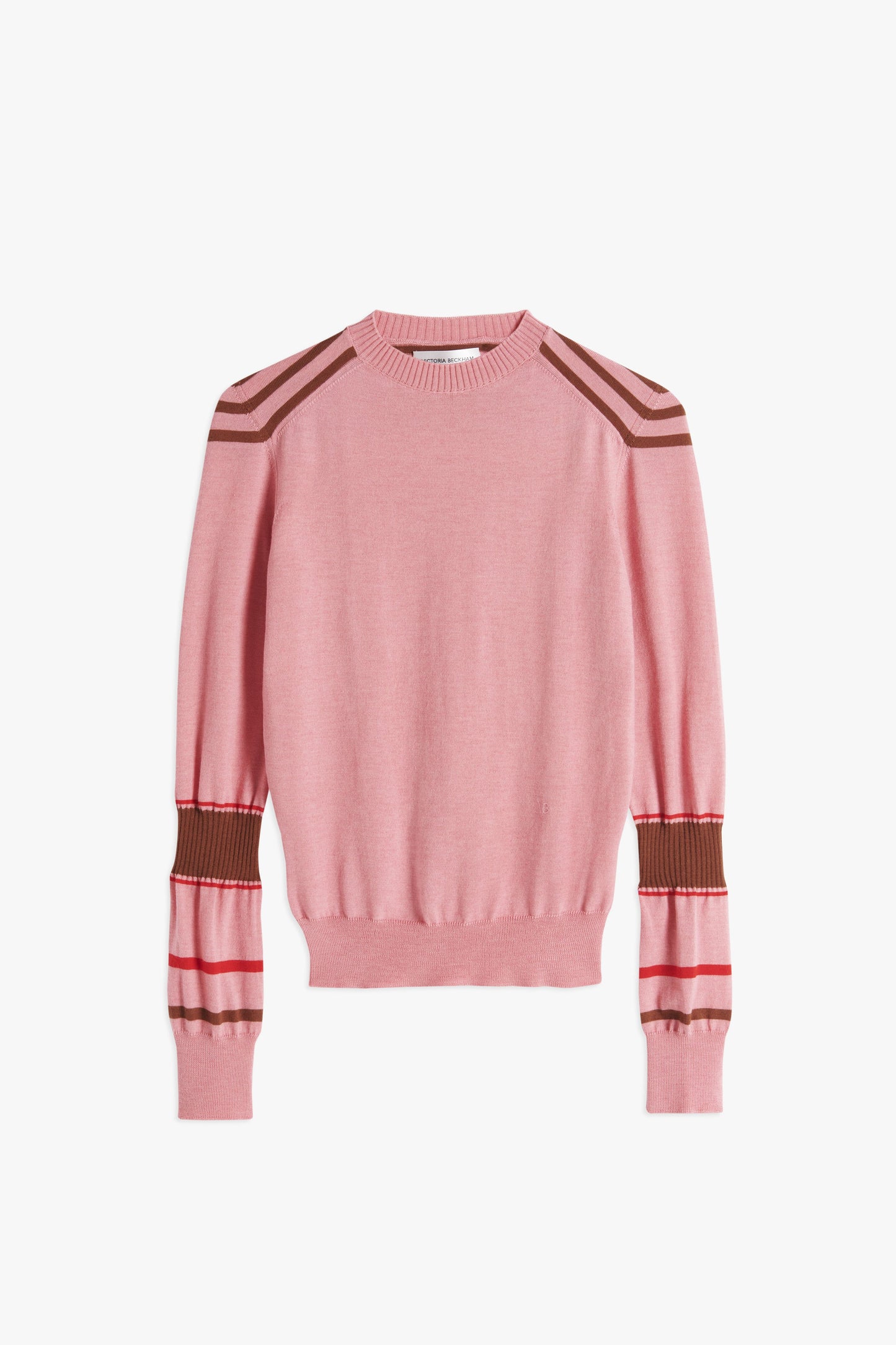 VB x Woolmark Contrast Stripe Jumper in Pink, Red & Camel