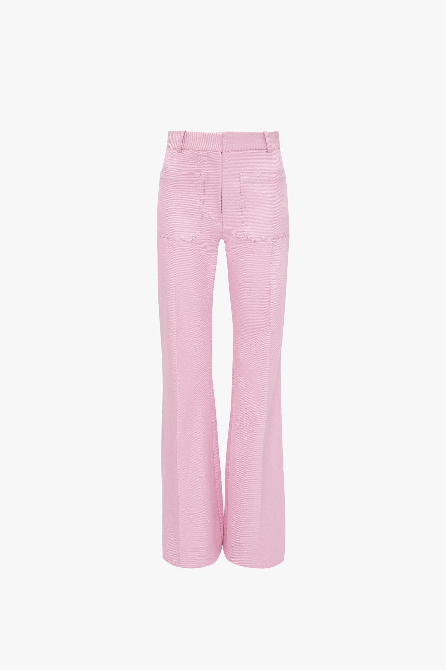 The Victoria Beckham Alina Tailored Trouser in Bubblegum boasts wide legs and front patch pockets, offering a chic 70s-inspired look against a plain white background.