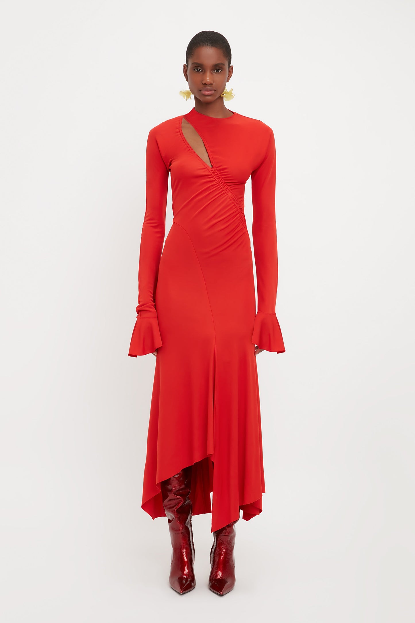 Asymmetric Slash Jersey Dress In Crimson