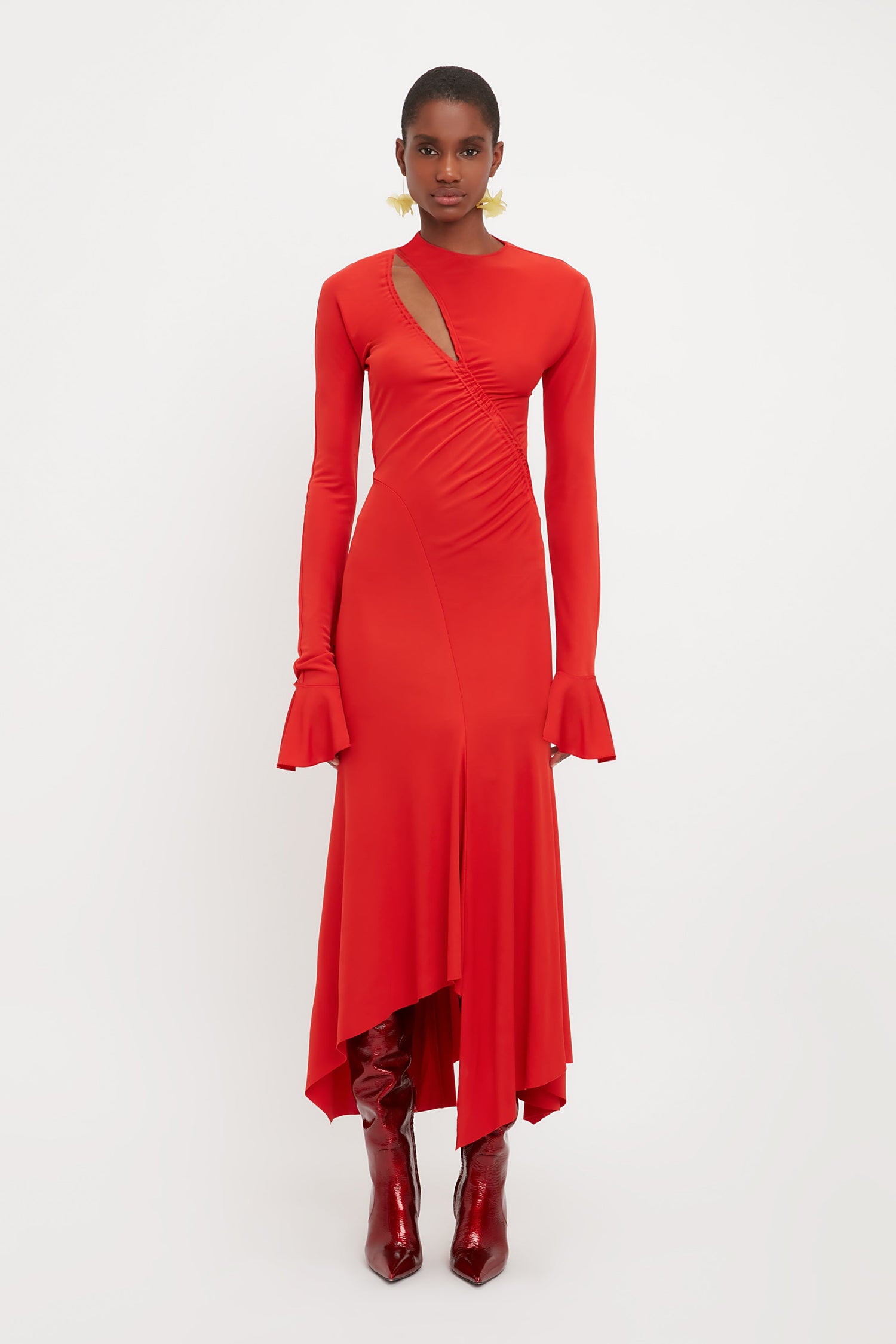 Asymmetric Slash Jersey Dress In Crimson