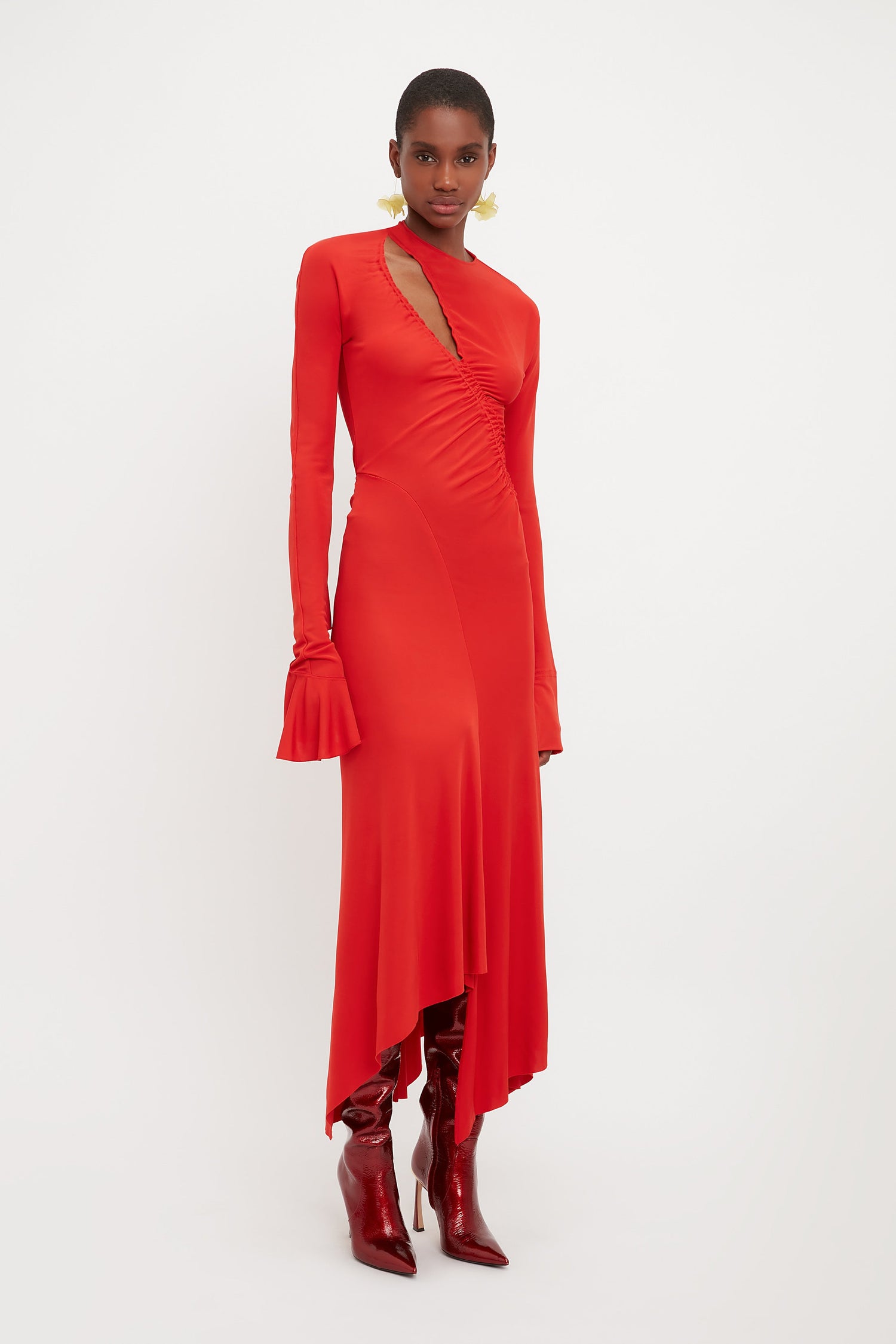 Asymmetric Slash Jersey Dress In Crimson