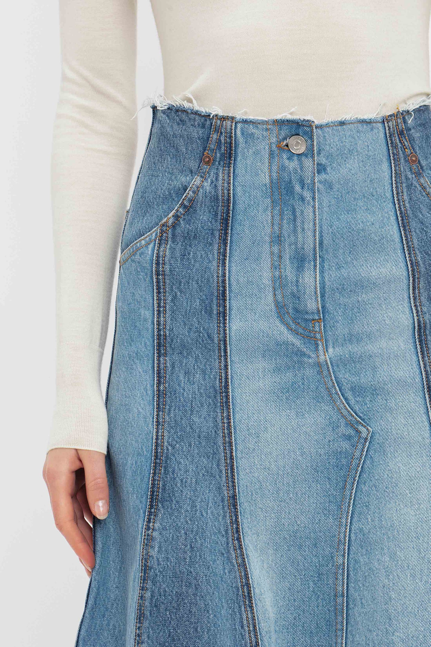 Deconstructed Denim Midi Skirt In Vintage Wash